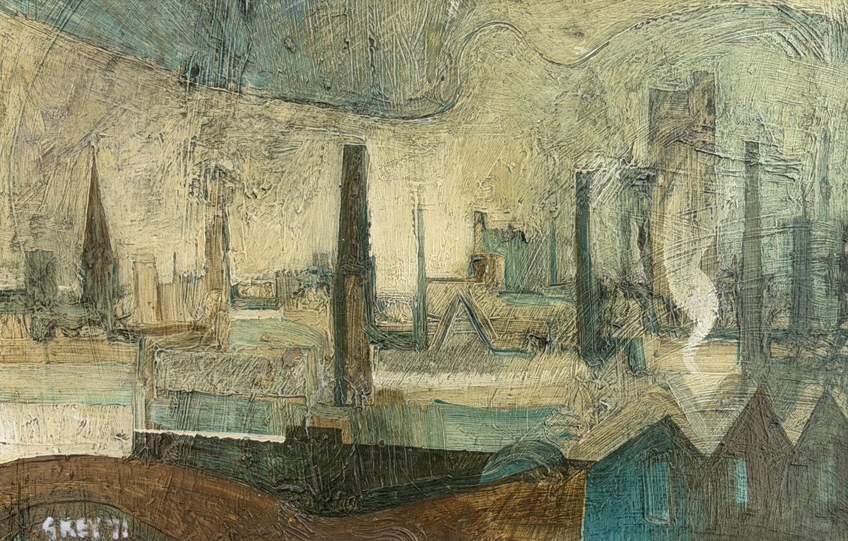 gallerycheshire's tweet photo. Geoffrey Key explained to me the other day that this was the view from his window at Broughton High School in Salford during his short spell as an art teacher, painted in 1971. 

#geoffreykey #northernart https://t.co/FLwOYXIhqx
