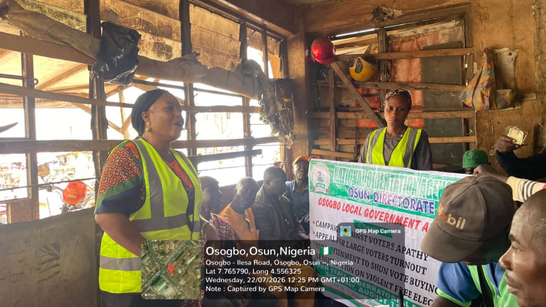 osun_noa's tweet photo. COMO, Osogbo local government, Olaseinde Olubunmi sensitizing the Okada  Riders against Voters Apathy, Vote buying and Election Violence.
Today, Wednesday 22nd  July, 2026 .
Venue: The Okada Riders Park, Oja-Oba, Osogbo https://t.co/yb2uGIrAkx