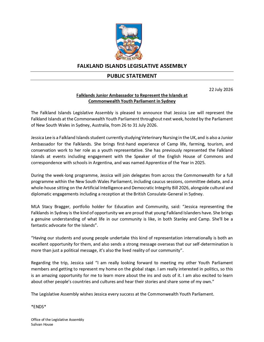 FIAssembly's tweet photo. The Legislative assembly wishes success to Jessica Lee on her upcoming trip to Australia for the @commonwealthsec Youth Parliament being held next week. https://t.co/qXytVEJQst