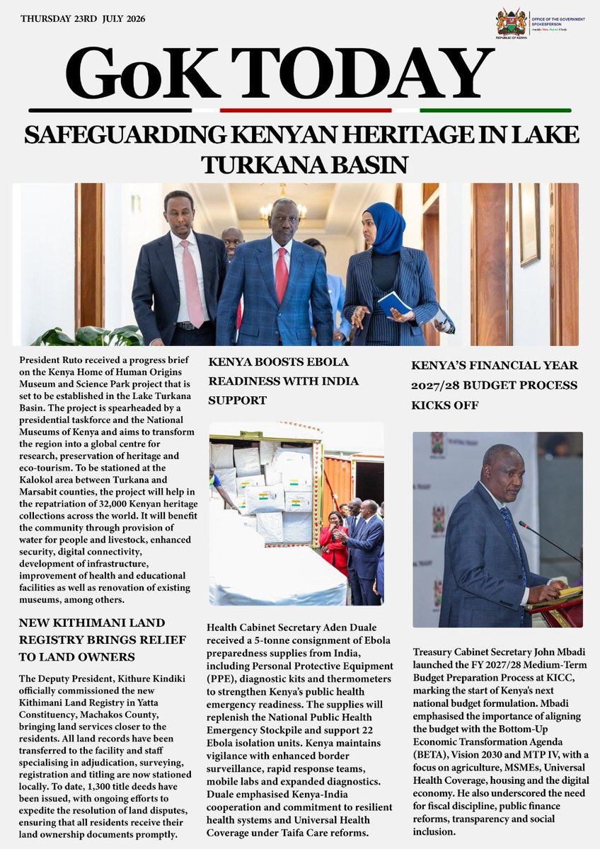 SpokespersonGoK's tweet photo. GOK TODAY | THURSDAY, 23RD JULY 2026
⚡SAFEGUARDING KENYAN HERITAGE IN LAKE TURKANA BASIN
President William Ruto received a progress brief on the Kenya Home of Human Origins Museum and Science Park, a landmark project planned for the Lake Turkana Basin.
#GOKToday https://t.co/VjE8DTUnao