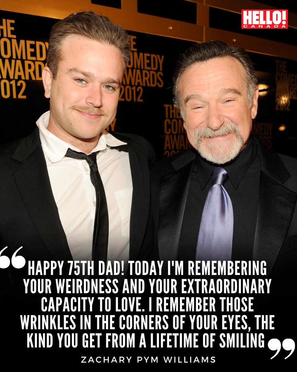 HelloCanada's tweet photo. Robin William's son Zachary paid tribute to his dad on what would have been his 75th birthday 🤍 "I remember your unending need to see this world free of human and animal suffering. For those out there who'd like to celebrate with me, go do something kind for someone. Make someone laugh. Put a little more good into the world," wrote the son of the late legendary comedian, 45. "Love you forever." ❤️

📸 : Getty
#RobinWilliams