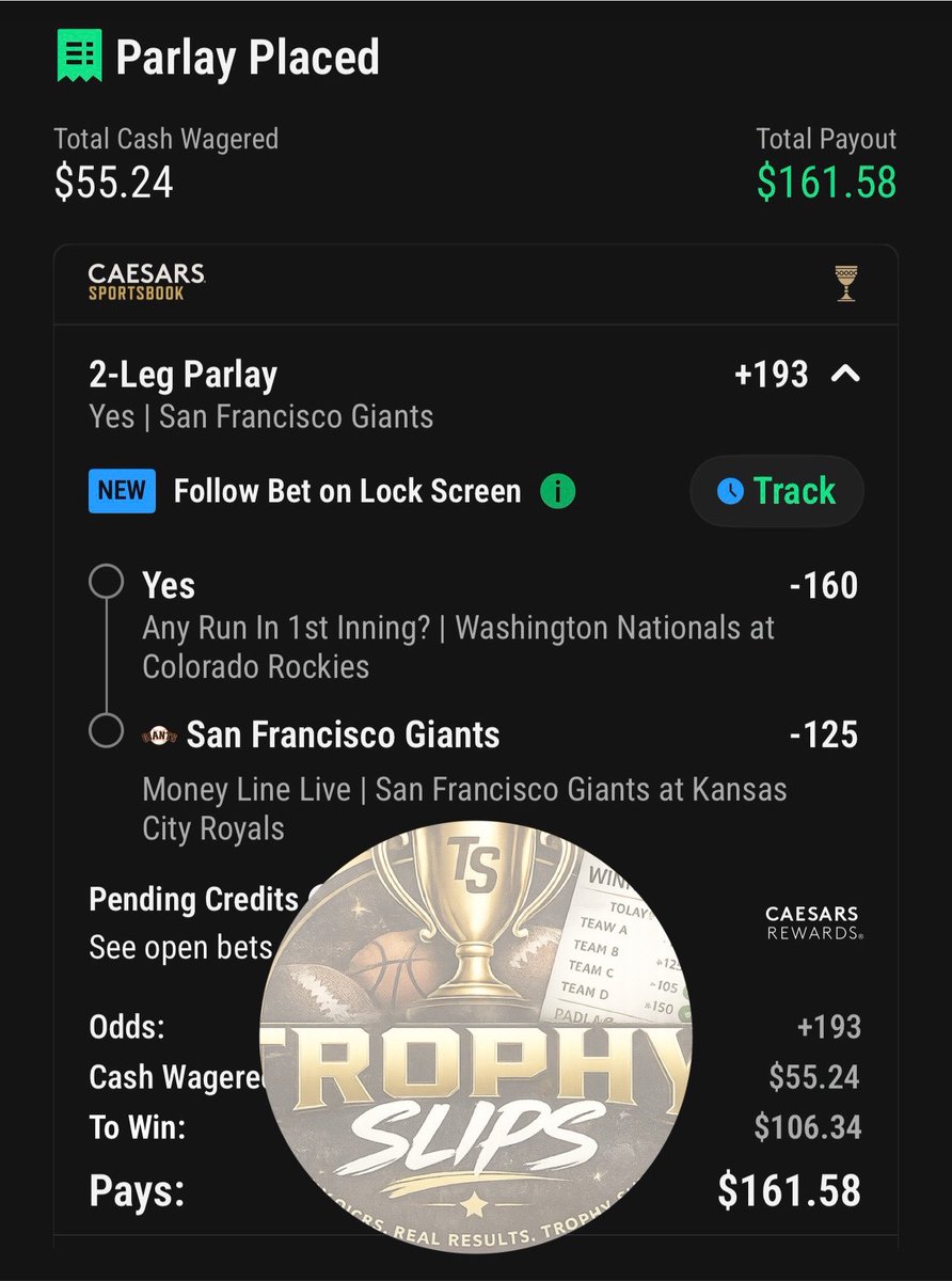 TrophySlips's tweet photo. 🎯 FREE PLAY ALERT 🎯 Riding a 2-leg parlay tonight: ✅ NRFI: Nationals vs. Rockies ✅ Giants ML
💰 Risk: $55.24 💵 Payout: $161.58
Tail if you like it! Let's cash. 🍀 #TrophySlips #FreePlay #SportsBetting #MLB https://t.co/Np6BozK6pT