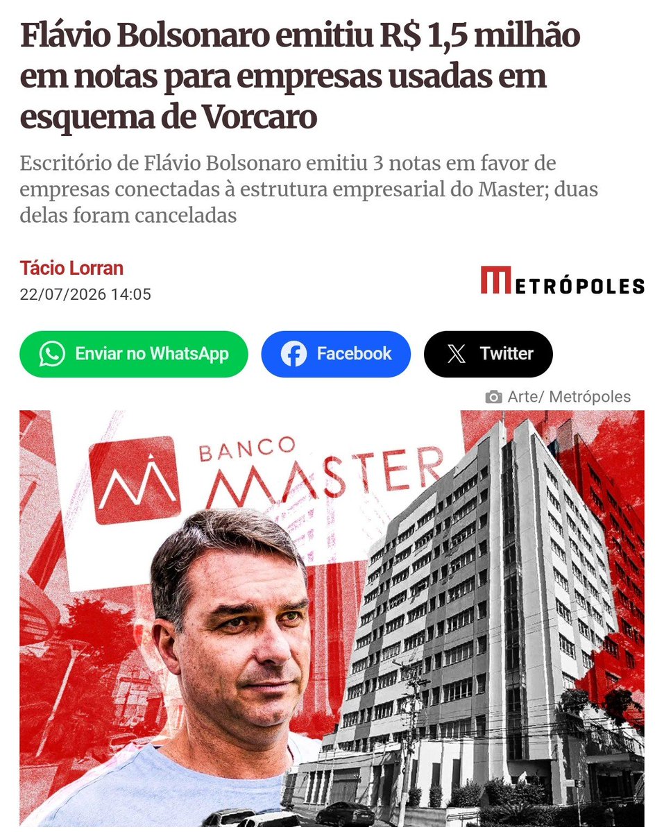 boulosnat's tweet photo. Mais do que nunca, Flávio BOLSOMASTER. Quem diria que o filho mais corrupto da família mais corrupta do Brasil, estaria envolvido no maior esquema de corrupção da história do país?

A dúvida agora é se em outubro Flávio Bolsomaster será candidato ou presidiário. https://t.co/dKvKL0CixL