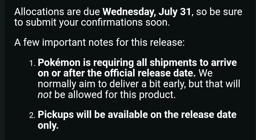 zardcardz's tweet photo. Well this be interesting Pokemon is making  distro to have items delivered on or after release day. https://t.co/FzUQGnkoad