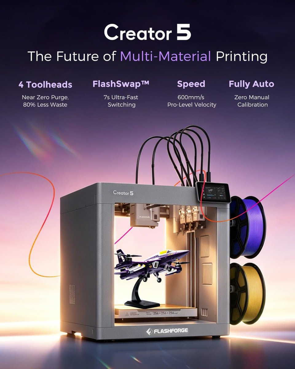 ebokify's tweet photo. Creator 5 4-Toolhead Changer 3D Printer, Multi-Color & Multi-Material Printing, Near-Zero Waste System, 7s FlashSwap, Clean Support Removal, CoreXY 600mm/s Auto Calibration FDM 3D Printer
๐ช Get Now:
๐ฅ https://t.co/7XDngePdXq
#3DPrinter ๐จ๏ธ | #MultiMaterial ๐จ | #CoreXY โ๏ธ | #3DPrinting ๐ | #FDM ๐ง