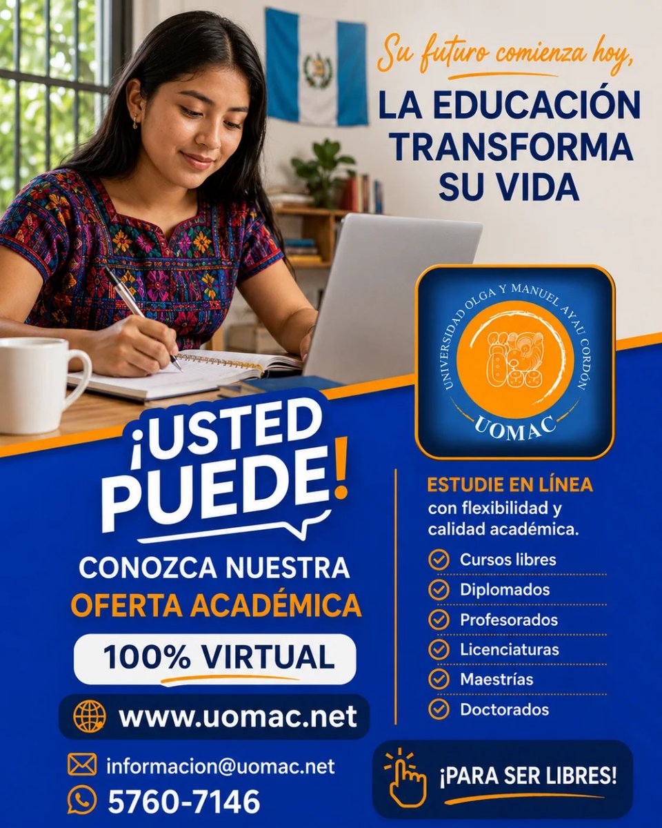 UOMAC_'s tweet photo. 🎓 El mejor momento para invertir en su futuro es hoy.

✅ Estudie a su propio ritmo.
✅ Horarios flexibles.
✅ Educación en línea con calidad académica fácilmente comprobable.

Porque cada paso que da hoy lo acerca a un mejor mañana.

📲 Escríbanos al 5760-7146 SerLibres https://t.co/BLy0icCwe3