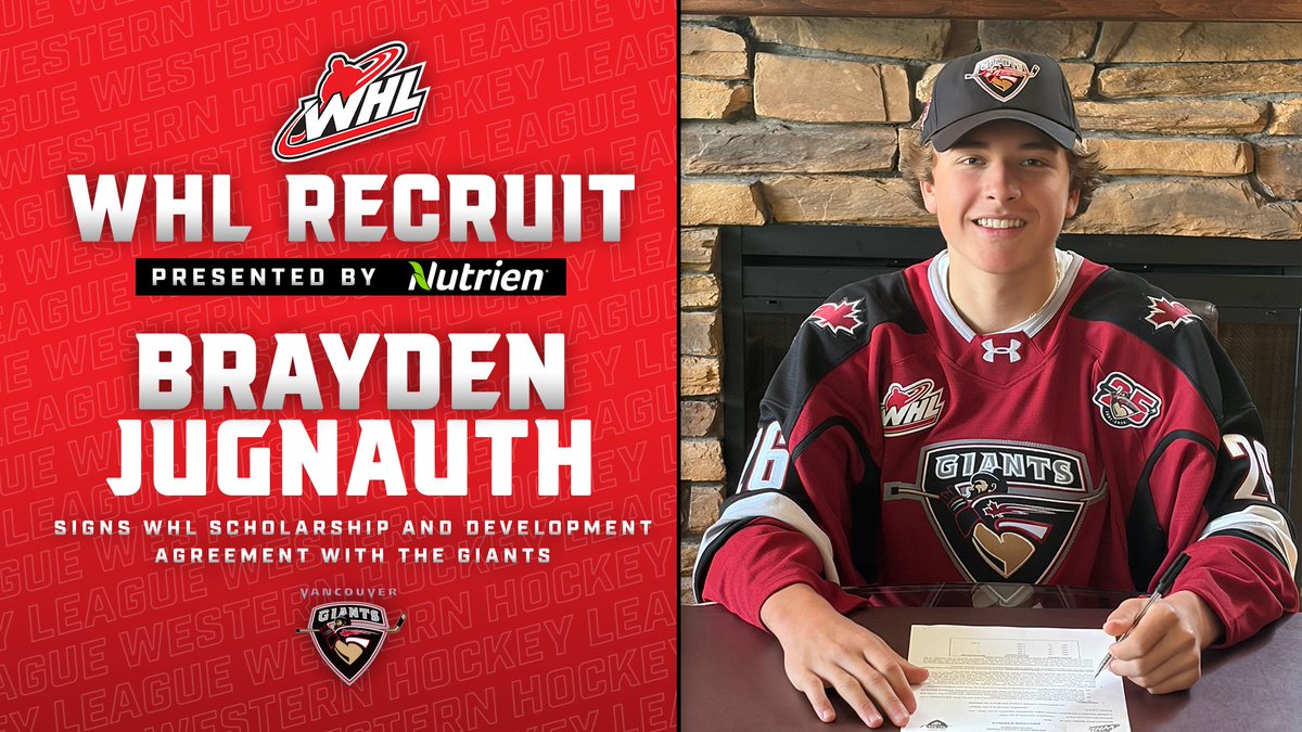 TheWHL's tweet photo. Get ready for a jugger-nauth, @WHLGiants fans!

Vancouver has signed 2026 fourth-overall pick Brayden Jugnauth to a WHL Scholarship and Development Agreement.

📰 | https://t.co/1CEyCyfV3j https://t.co/rJRNRfjssq