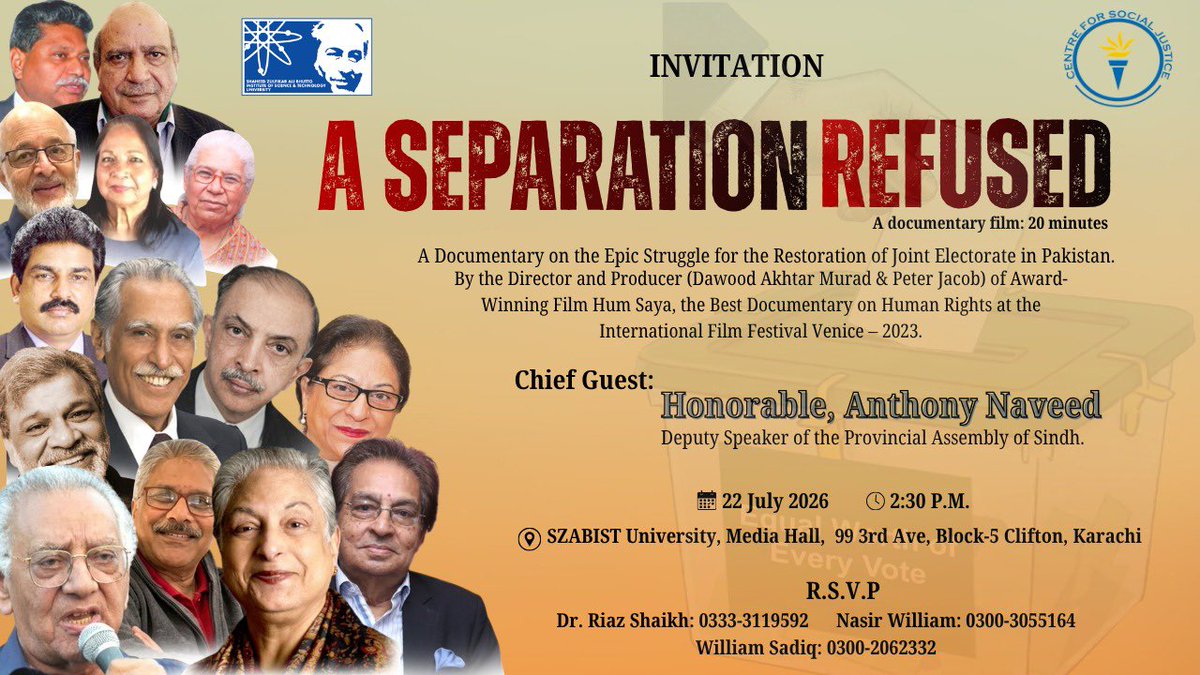 Mahezz's tweet photo. Honoured to attend the screening of A Separation Refused, a documentary on the historic struggle for the restoration of the Joint Electorate in Pakistan.

Joined Deputy Speaker Anthony Naveed, @DrShamSAdvani , and MPA Anil Kumar Ratnani. The film reminds us that inclusive democracy is strengthened when every citizen enjoys equal political representation.

#MaheshKumarHasija #MinorityRights #JointElectorate #Democracy #Pakistan @csjpak