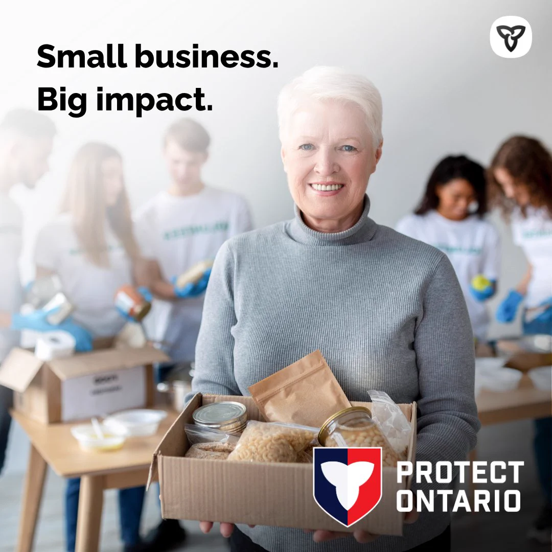 A person holding a box filled with packaged food products. Title: Small Business. Big Impact. Protect Ontario.