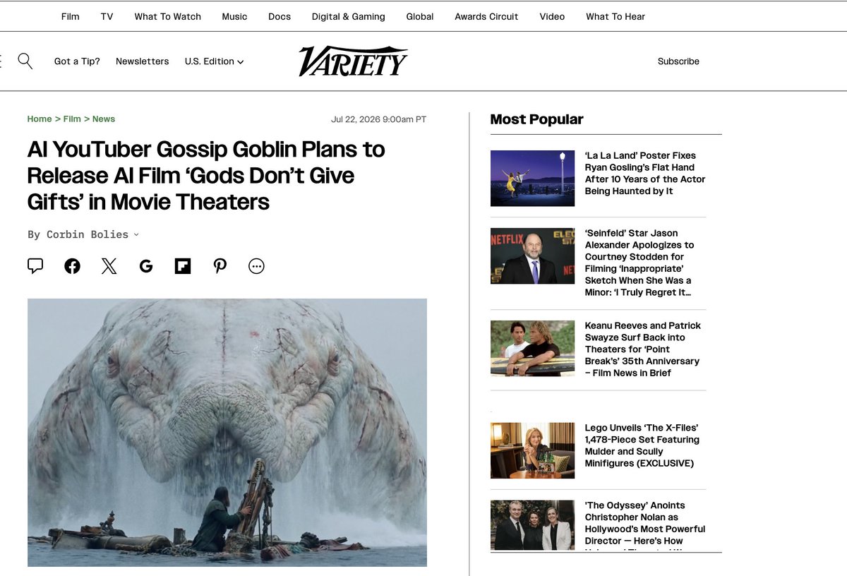 fableshowrunner's tweet photo. Excited to see this from @Variety covering the FIRST AI FILM COMING TO CINEMAS OCTOBER 30  - the cinema release is collab between Fable and Gossip Goblin - written, directed and created by @Gossip_Goblin in his incredible universe! 

Its a crazy experiment - let's see! https://t.co/c0Ia1PHZS8