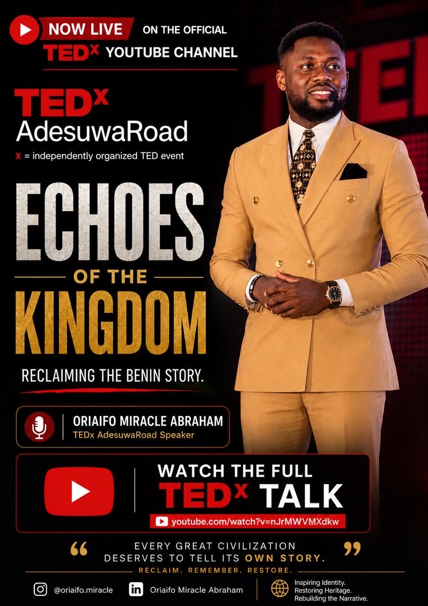 AbrahamOriaifo's tweet photo. Every civilization leaves behind echoes. The question is: who gets to interpret them? 🧵

Excited to share that my @TEDx talk, "Echoes of A Kingdom: Reclaiming the Benin Story," is now live on TEDx official YouTube! 👇

Catch the full talk here: https://t.co/yZJEqTQdfg

Talk TEDx https://t.co/5d0YosnP69
