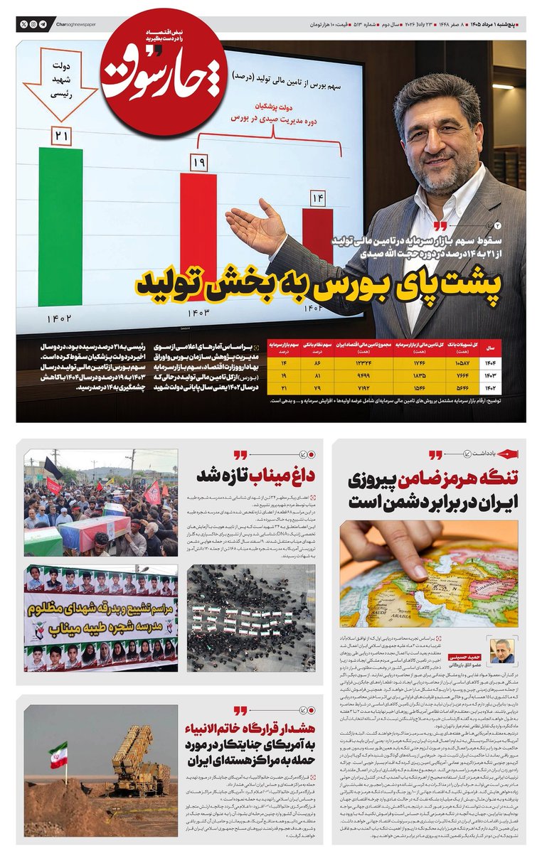 charsogh's tweet photo. 📸 پنجشنبه ۱ مرداد| پانصد و سیزدهمین شماره از «روزنامه چارسوق»

🔍 برای مطالعه گزارش‌های کامل روزنامه، به سایت روزنامه چارسوق مراجعه کنید 👇👇

🔗 https://t.co/gyUYVd6abL https://t.co/Gj0wB5t2Db