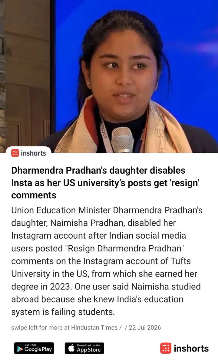 cosmic_pulse2's tweet photo. Dharmendra Pradhan's daughter disables Insta as her US university’s posts get 'resign' comments
https://t.co/7YMW2jqww7
 -via inshorts https://t.co/CQHfhD2rb4
