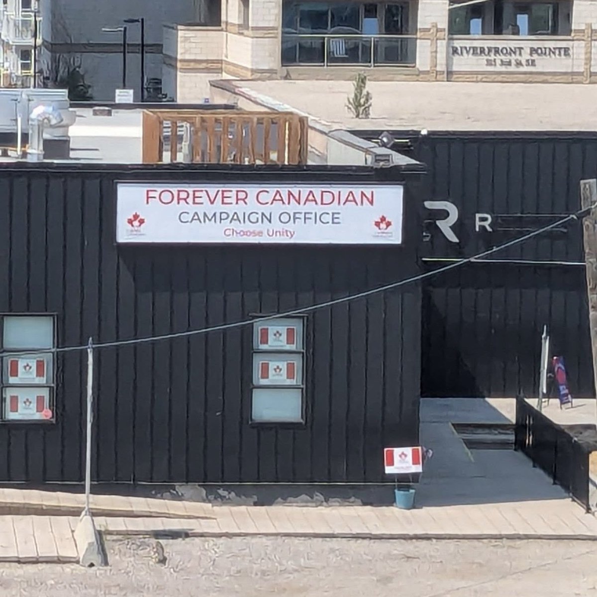 RiseOfAlberta's tweet photo. Just a reminder, folks: according to Elections Alberta, this is not a campaign office. 

It’s apparently just an office with a giant sign that says “FOREVER CANADIAN CAMPAIGN OFFICE.” https://t.co/yCWUXfFeQK
