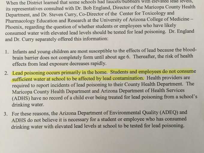 FreeSpeechnUS's tweet photo. @SafeH2o4Schools @SeanOnTV @azfamily Then AFTER finding extreme lead, they flip-flopped

&amp; AZ's health experts, as well as @mpsaz

told me lead-contaminated water was perfectly safe to drink daily at school.

This #pseudoscience based on lies,  does *not* protect children. https://t.co/hBz2497WO3