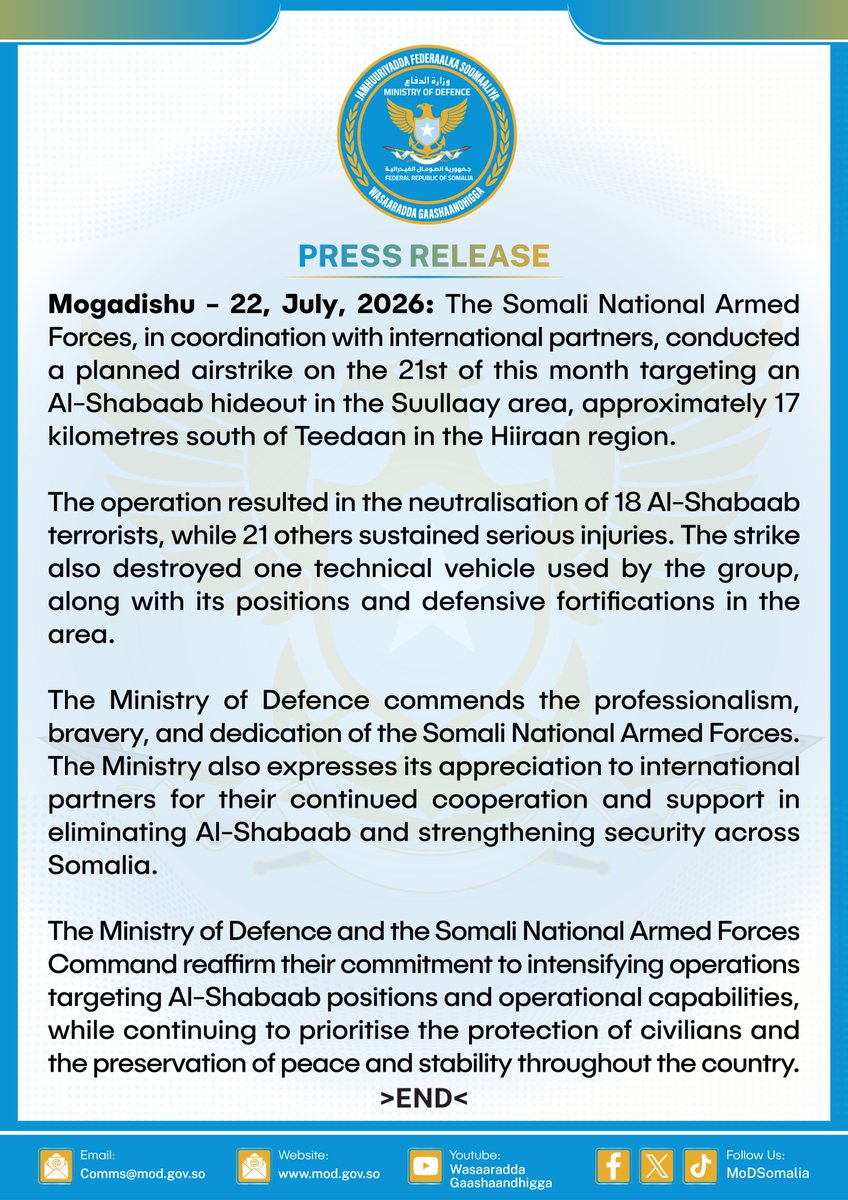 MoDSomaliya's tweet photo. The Somali National Armed Forces, in coordination with international partners, conducted a planned airstrike on the 21st of this month targeting an Al-Shabaab hideout in the Suullaay area, approximately 17 kilometres south of Teedaan in the Hiiraan region.

Read the full statement on: https://t.co/aAFjINpKf4