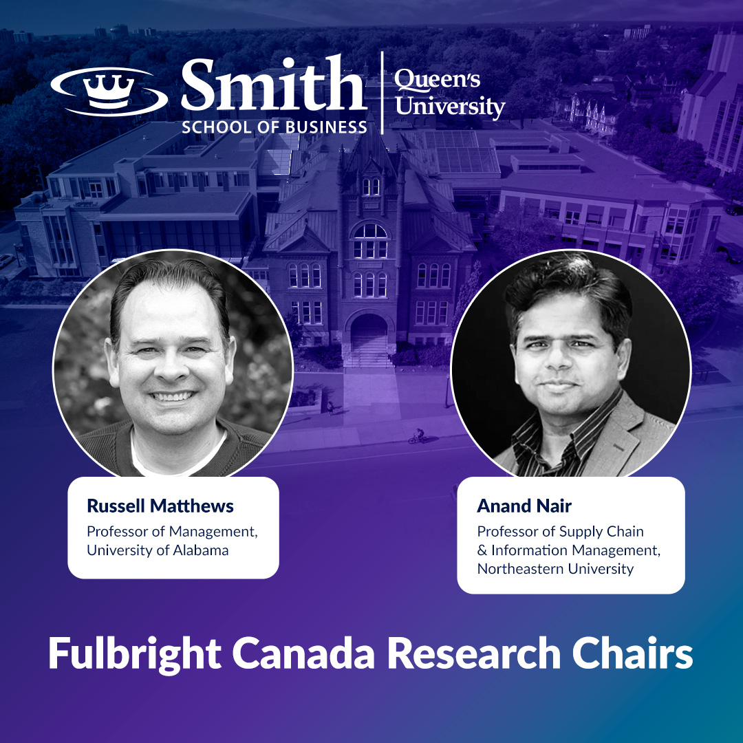 SmithBusiness's tweet photo. This fall, #SmithBusiness will welcome professors Russell Matthews and Anand Nair as #FulbrightCanada Research Chairs.
 
Their work will advance research in workplace well-being, organizational behaviour, supply chains, innovation and AI-enabled health care, while creating new opportunities for academic collaboration and student engagement at Smith.
 
Learn more: https://t.co/ltVL5dQZ8A
