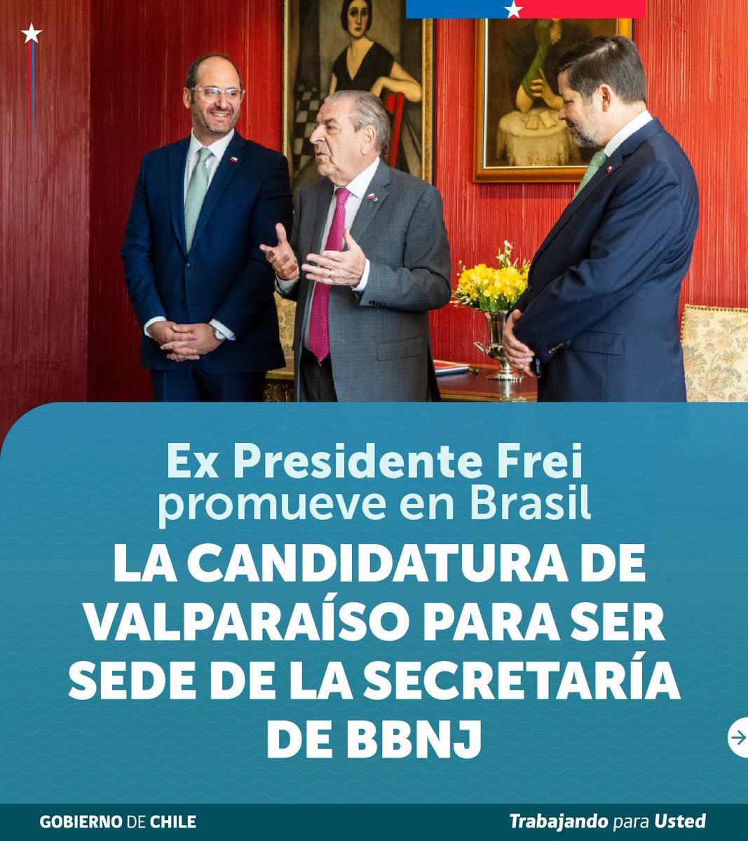 Minrel_Chile's tweet photo. Ex Presidente Frei promueve en Brasil la candidatura de Valparaíso para ser sede de la secretaría de BBNJ. 🇨🇱🌊

Más información: https://t.co/dYl0qowaDX https://t.co/fJYWm8IOys
