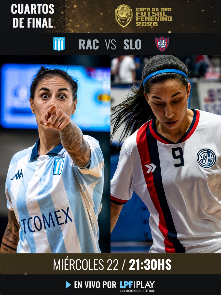 LPFPlay's tweet photo. #FutsalFemenino | Mirá los #CuartosDeFinal de la #CopaDeOro por @LPFPlay ⚽️🏆
🏟️ @RacingClub 🆚 @SanLorenzo
▶️ @LPFPlay
💻 https://t.co/bjdmJtrrVe - La Pasión del Fútbol https://t.co/rU95T7LfP4