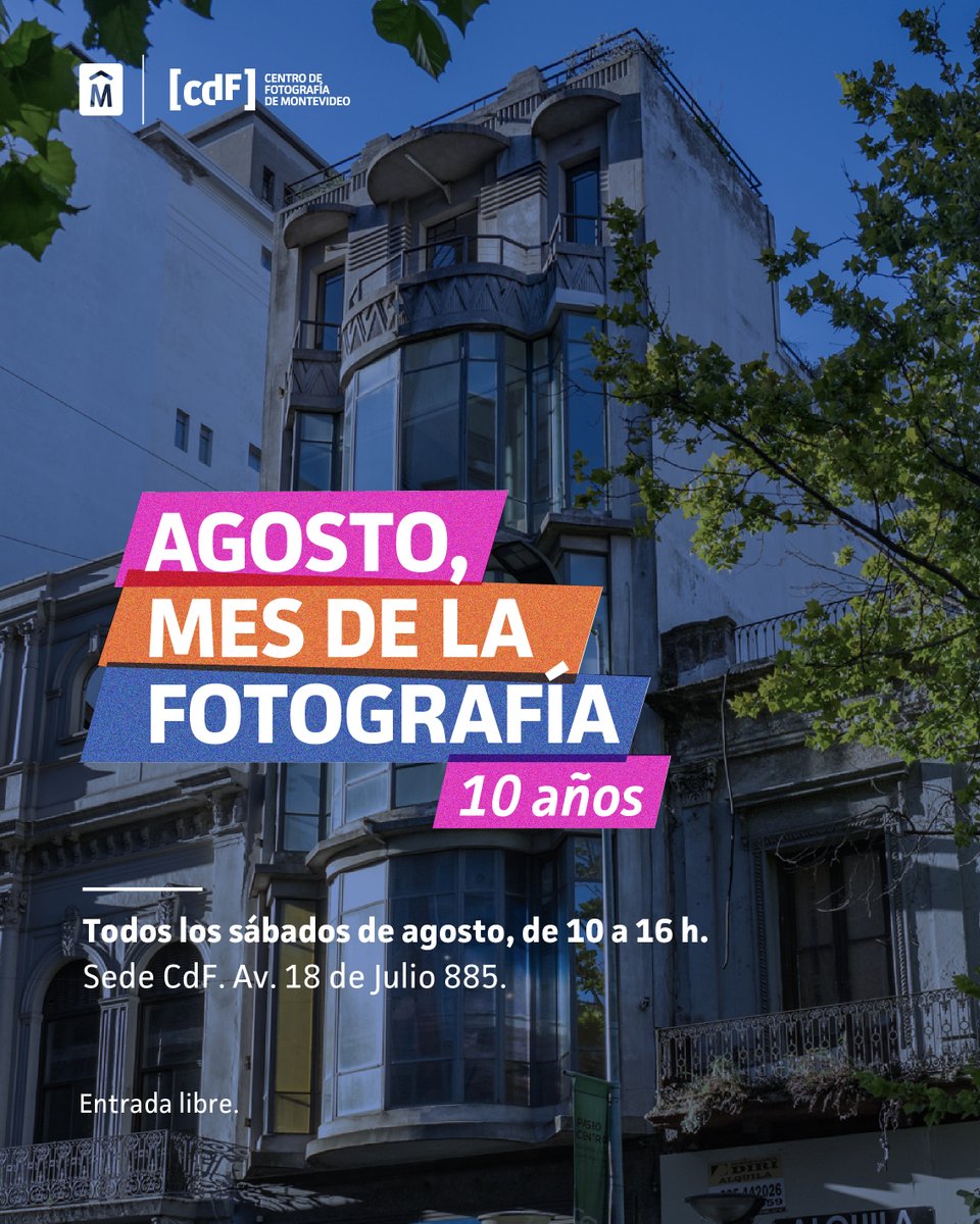CdF_IM's tweet photo. 🎉 AGOSTO, MES DE LA FOTOGRAFÍA / 10 años 
👉 ¡Les compartimos la grilla de actividades!

🗓 Todos los sábados de agosto, de 10 a 16h.
📍 Sede CdF. Av. 18 de Julio 885. 

🙌 Entrada libre

+ info en nuestra web: https://t.co/LvVdIpHBVi https://t.co/wn8iPWaKmG