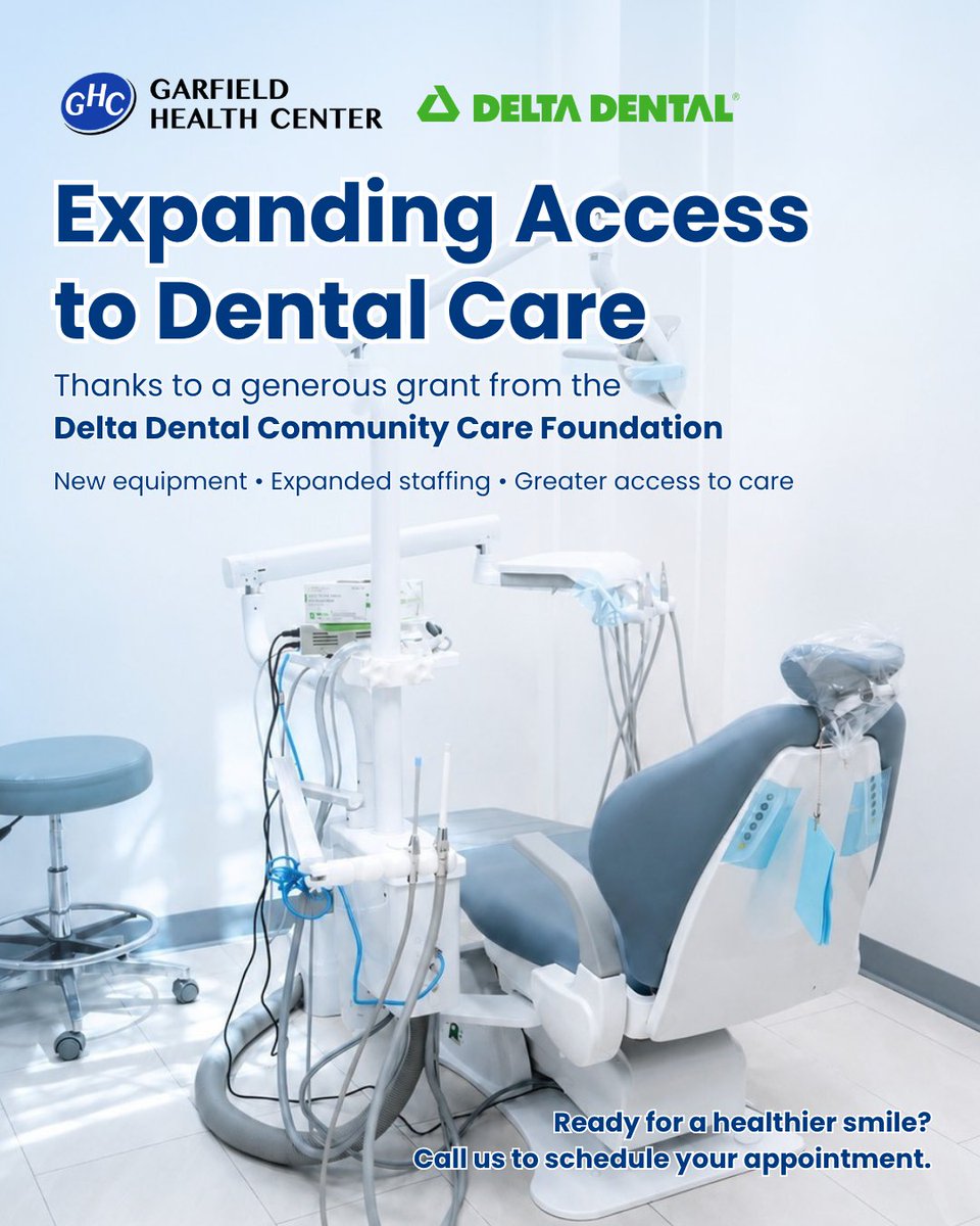 Garfield_HC's tweet photo. We are excited to share that Garfield Health Center has received generous funding from the Delta Dental Community Care Foundation @DeltaDentalins to support new dental equipment and expanded staffing at our dental clinic.

Need dental care? Call us to schedule your appointment ! https://t.co/1sQvOTxT6N