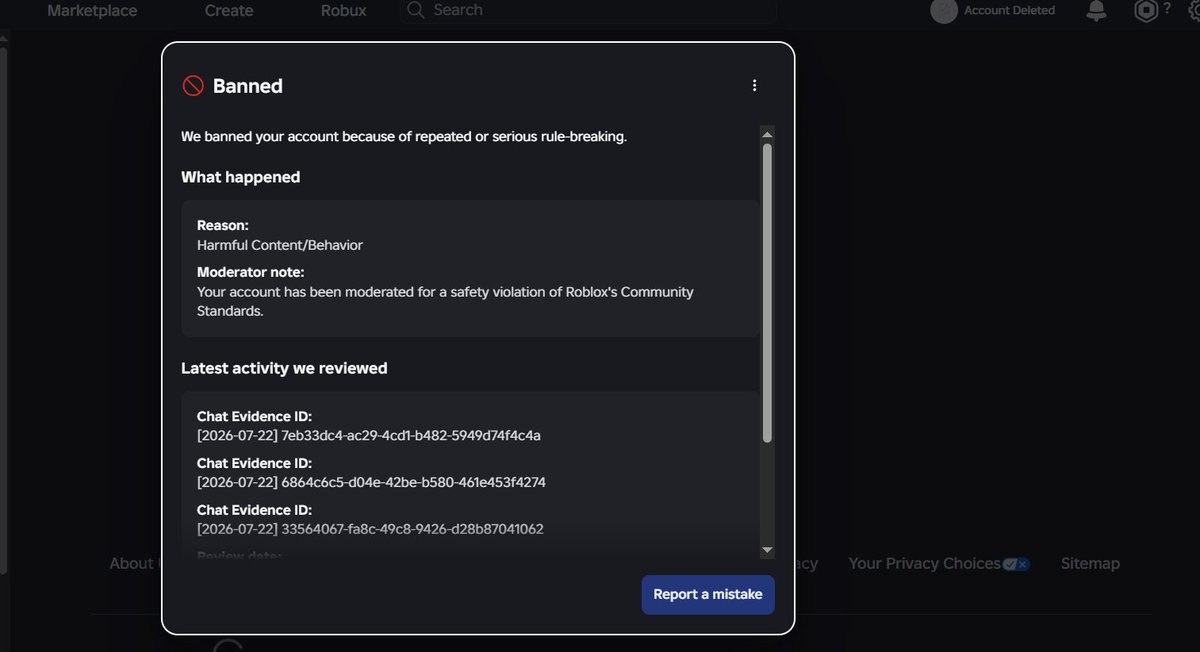 coolcatper93966's tweet photo. hey @Roblox , my friend was just banned, not even giving them a log of what they did wrong in chat. please fix this. ps they have already attempted an appeal but knowing roblox support nothing will probably happen. Their roblox username is Dexoul0_0 $RBLX https://t.co/WqBObItkUz