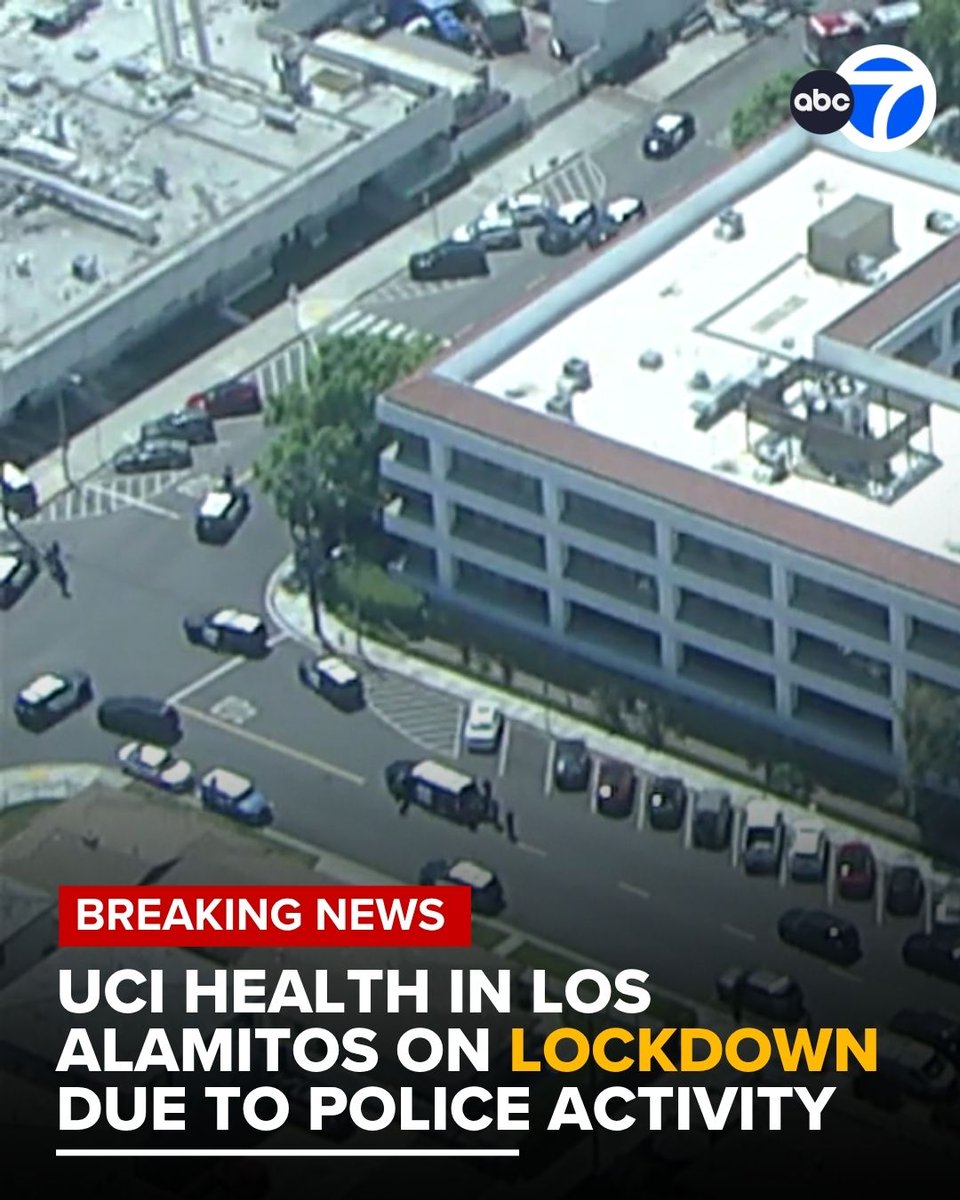 ABC7's tweet photo. BREAKING NEWS: UCI Health in Los Alamitos was placed on lockdown Wednesday morning due to a man armed with a machete at the medical center. https://t.co/bUZd0HgWFU https://t.co/XCaf8zUwLz