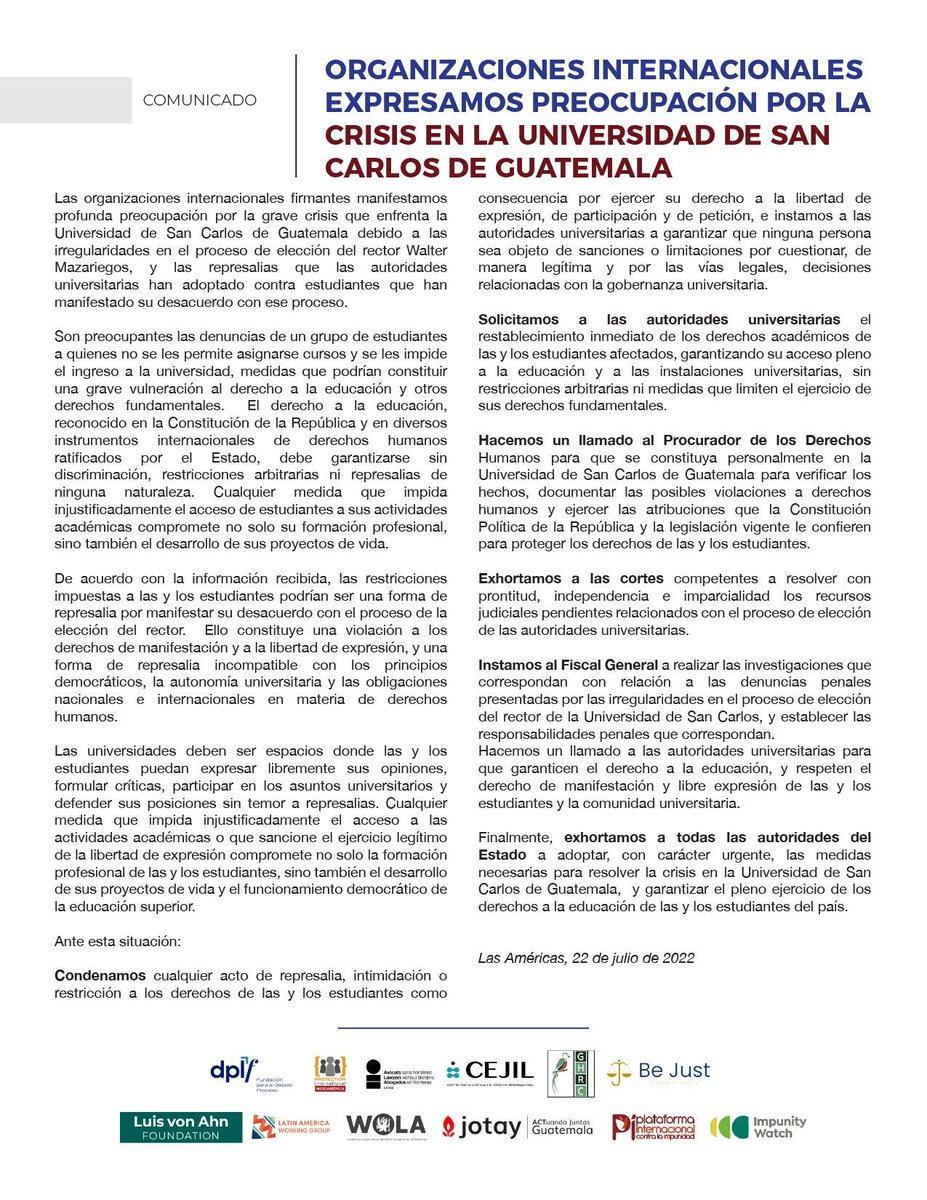 ImpunityWatchGt's tweet photo. Organizaciones internacionales expresamos preocupación por la crisis en la Universidad de San Carlos de #Guatemala y las represalias contra estudiantes que han denunciado las anomalías en la elección del rector. 

Hacemos un llamado para que se busque una solución a la crisis universitaria y se respeten los derechos a la educación, libertad de expresión y manifestación.