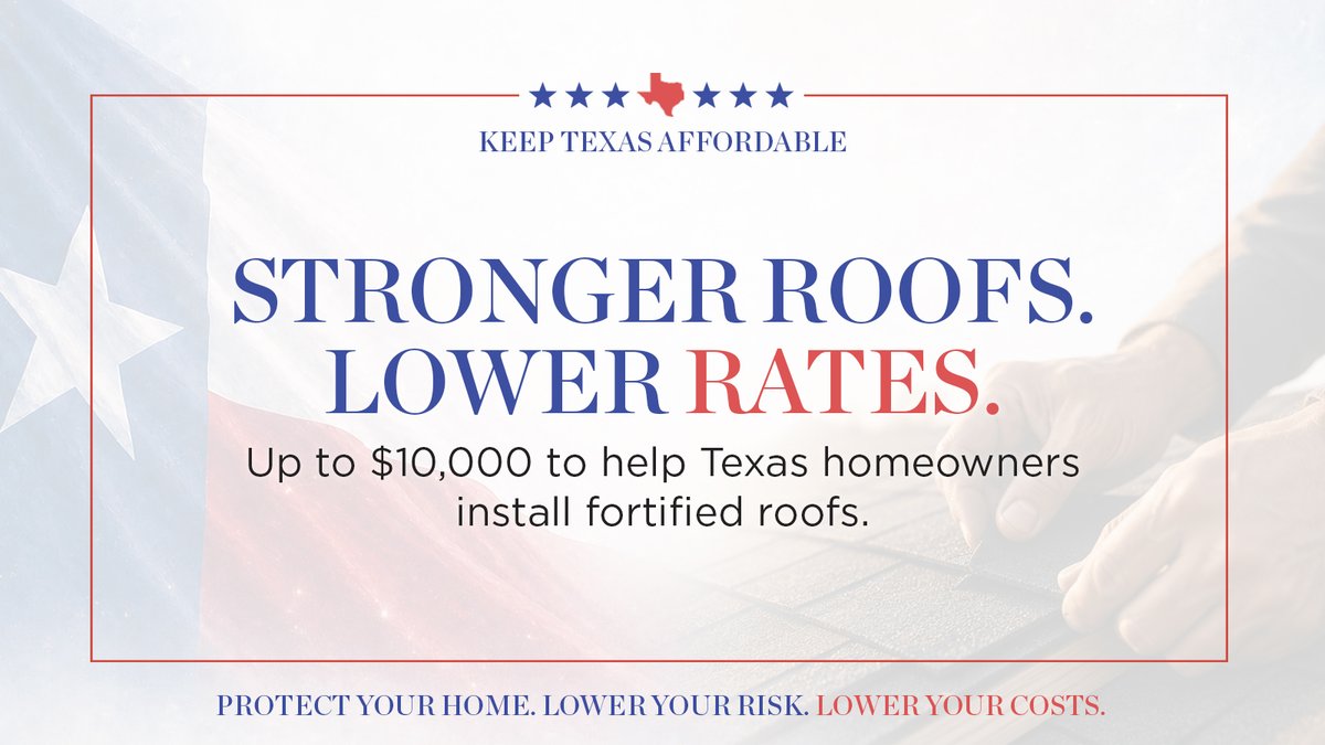 GovHotWheels_TX's tweet photo. Protect your home. Lower your premiums.

Governor Abbott's $400 million Texas Roof Fortification Program will provide up to $10,000 to eligible homeowners.

✅ Stronger roofs
✅ Up to 8% lower insurance premiums
✅ Nearly $16,000 in lifetime savings https://t.co/G9wUtvmeQO