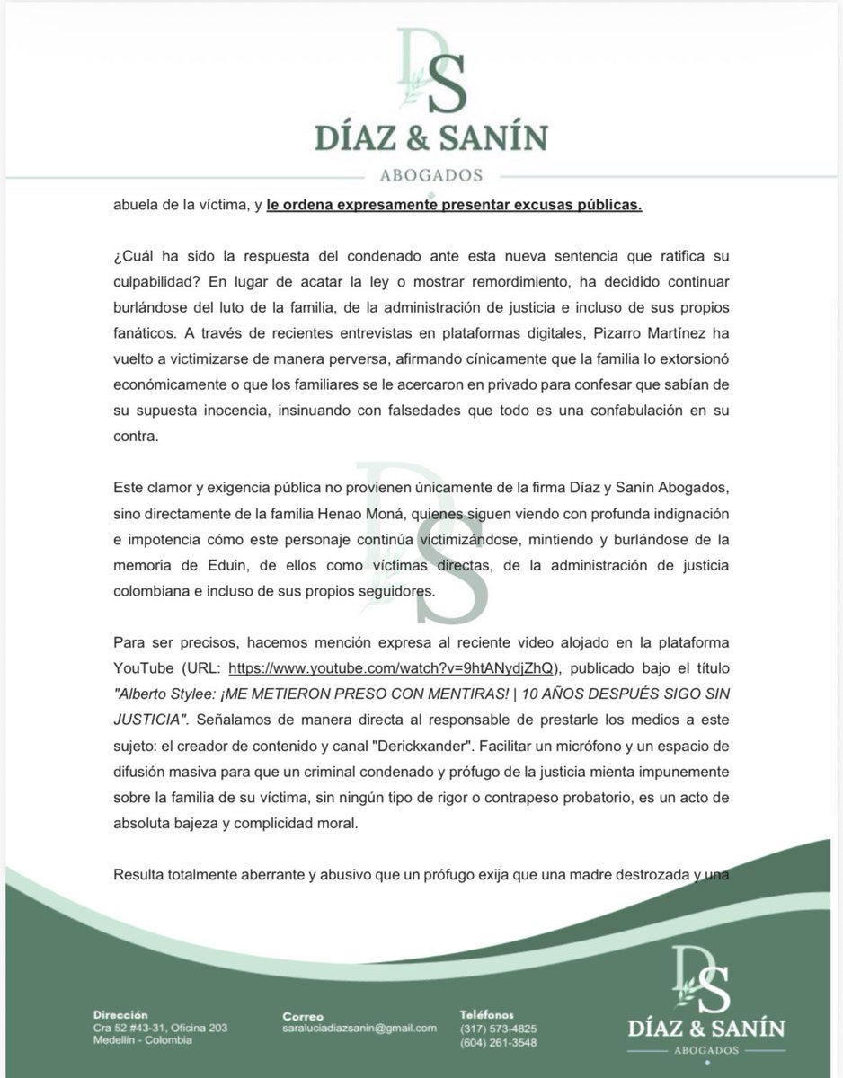 Saludisa's tweet photo. 🚨  La verdad judicial no se borra con mentiras en internet. 🚨

Desde la firma Díaz y Sanín Abogados, en representación inquebrantable de la familia Henao Moná. 

@ALBERTOSTYLEE 
@derickxander https://t.co/9JKzpr9j1R