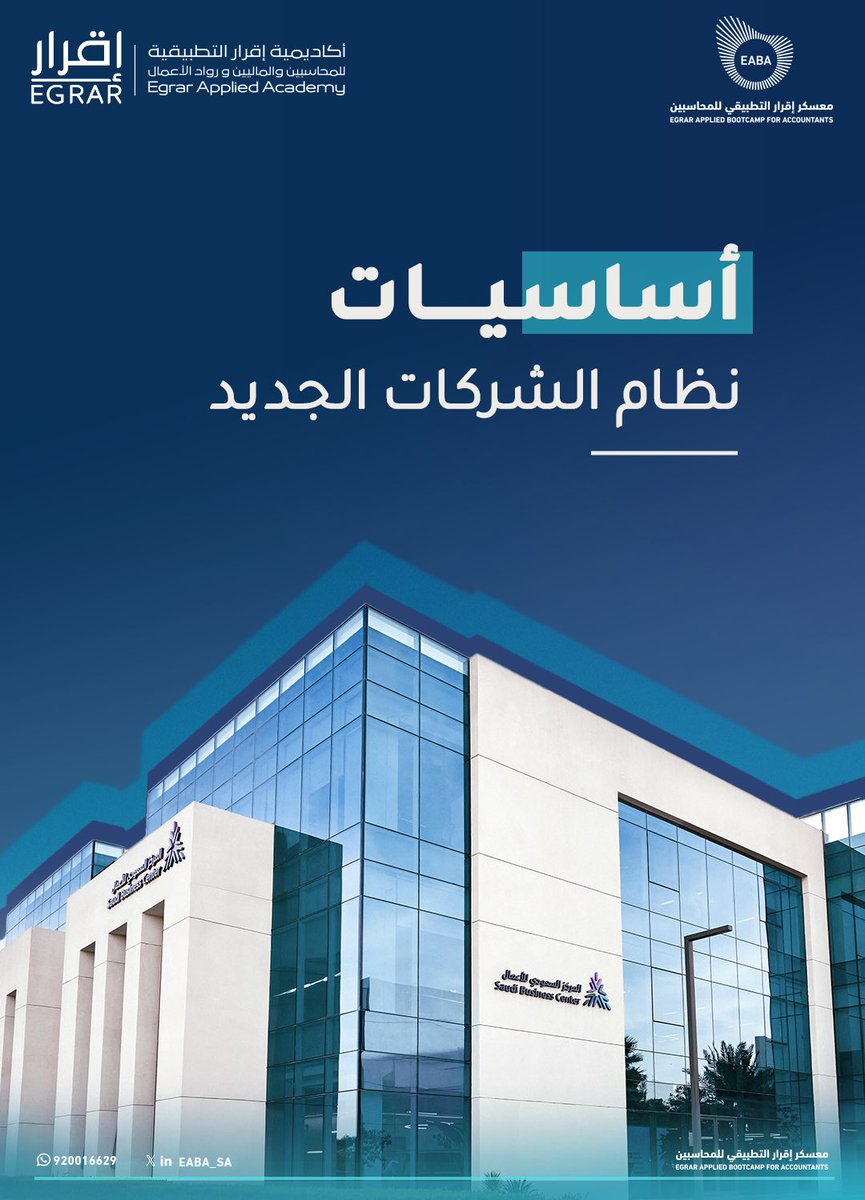 EABA_SA's tweet photo. 📘ضمن ورش #معسكر_إقرار_التطبيقي_للمحاسبين يتعرّف المتدربون على أبرز أحكام ومفاهيم نظام الشركات الجديد،وما يحتاجه المحاسب لفهم المتطلبات النظامية وتطبيقها في بيئة العمل https://t.co/QzdpFWPWA3