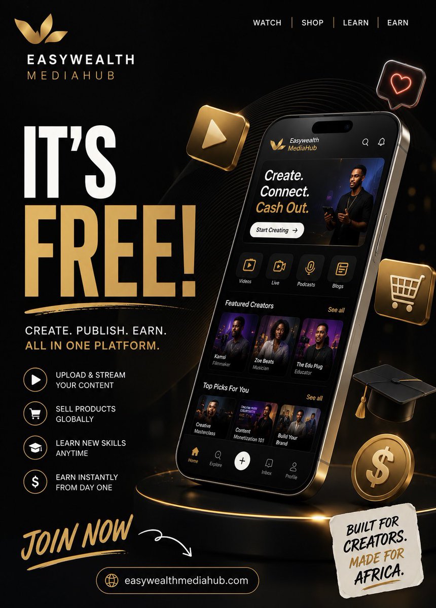 EEasywealth's tweet photo. It’s Free! Create, publish and earn 
Sign up today! https://t.co/qSeWaKELA7
#easywealthmediahub #creators #monetization https://t.co/mv7V9VMQYd
