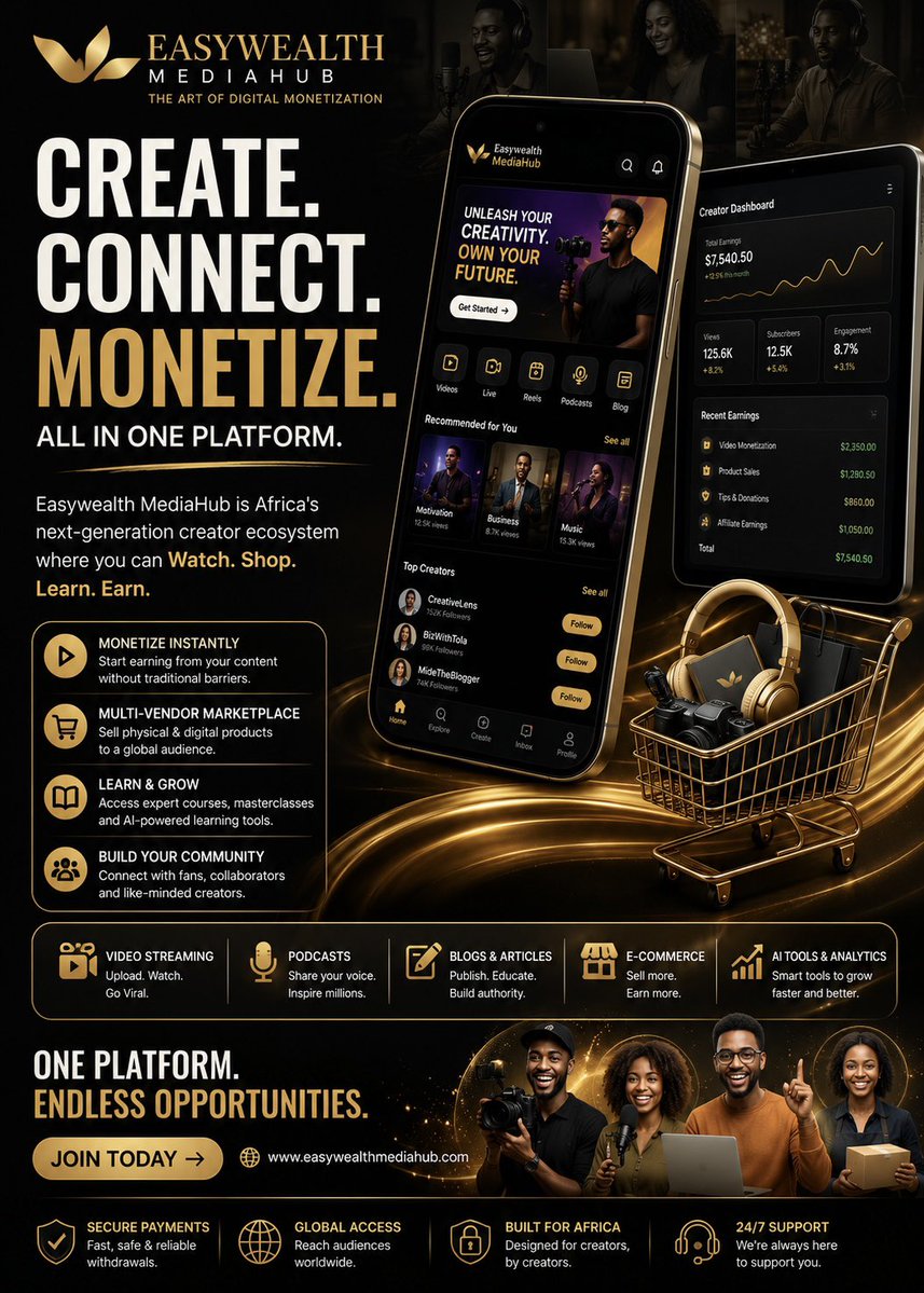 EEasywealth's tweet photo. It’s Free! Create, publish and earn 
Sign up today! https://t.co/qSeWaKELA7
#easywealthmediahub #creators #monetization https://t.co/mv7V9VMQYd