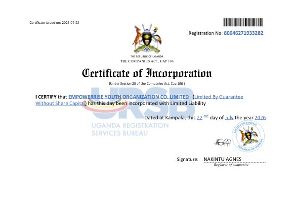EmpowerRise1's tweet photo. 🎉 We are officially registered with the Government of Uganda!

Formerly Transforming Lives Africa (TLA), we’re now: EmpowerRise Youth Organization (ERYO)

📜 Reg. No.: 80046271933282

Same mission. New name. Greater impact. 🚀

Speak • Lead • Rise.
#RefugeeLed #YouthLeadership https://t.co/v8AY65H4cY