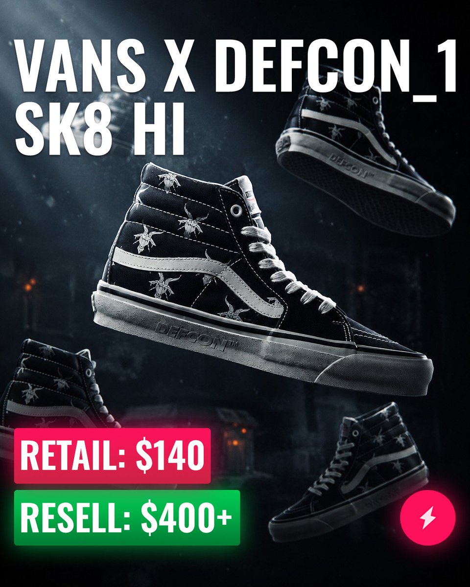 AMNotify's tweet photo. DEFCON x Vans Sk8-Hi, a lowkey release that printed profit 💰

Retail: $140 → Resell: $400+ 🔥

Did this one slip past you? 👀 https://t.co/EkQUOQ7FWt