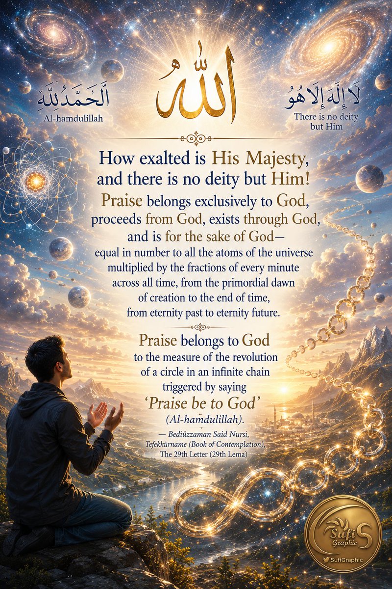 SufiGraphic's tweet photo. #Tawhid #Allah #God #Contemplation #Praise #Gratitude #Glorification #Faith #Worship #Quantum #StringTheory #Faith #Religion #islam #Muslim #Bediuzzaman #RisaleiNur #Marifetullah #KnowledgeOfGod  

GOD and CONTEMPLATION 

“How exalted is His Majesty, and there is no deity but Him! Praise belongs exclusively to God, proceeds from God, exists through God, and is for the sake of God—equal in number to all the atoms of the universe multiplied by the fractions of every minute across all time, from the primordial dawn of creation to the end of time, from eternity past to eternity future. Praise belongs to God to the measure of the revolution of a circle in an infinite chain triggered by saying ‘Praise be to God’ (Al-hamdulillah).”

— Bediüzzaman Said Nursi, Tefekkürname (Book of Contemplation), The 29th Letter (29th Lema)

A Sufi Analysis of the Tefekkürname
Extracted from Bediüzzaman Said Nursi’s Tefekkürname in The 29th Letter, this passage stands as a masterpiece of mystical contemplation (tasawwufi tefekkür) centered entirely upon Tawhid (the absolute Oneness of God) and Ma'rifatullah (the direct, experiential knowledge of God). The text does not merely record verbal thanksgiving; it conveys a state of awe (hayret) and spiritual absorption (istighraq), wherein the heart and soul call the entire cosmos to witness the divine praise.

Below is an analysis structured around its core MYSTICAL CONCEPTS:

📌1. Majesty (Jalal) and the Pinnacle of Monotheism (Tawhid)

Text: “How exalted is His Majesty, and there is no deity but Him!”

🖊️Sufi Analysis: The text opens with an emphasis on God’s attribute of Jalal—denoting majesty, absolute power, omnipotence, and transcendent grandeur. Confronted by this divine majesty, the spiritual traveler (salik) recognizes their own fundamental nothingness. This realization leads directly to the declaration of Monotheism (Kalimat al-Tawhid). In Islamic mysticism, the manifestation of Jalal evokes awe (hayret) and reverent fear (khawf), consuming every illusion of self-sufficiency (masiwa—everything other than God) and leaving only the Absolute Reality (Al-Haqq).

📌2. A Cosmic Hierarchy of Praise
Text: “...equal in number to all the atoms of the universe multiplied by the fractions of every minute across all time...”

🖊️Sufi Analysis: Bediüzzaman elevates praise (hamd) from a private, individual utterance into a cosmic act.

🪶Atoms of the Universe (Zarrat-i Ka'inat): From subatomic particles to vast galaxies, all created entities glorify their Creator through their state of being (lisan al-hal). Through silent contemplation, the seeker joins this universal chorus.

🪶Enfolding Space and Time: By multiplying the smallest units of time (‘ashire—tenths of a second or Planck-scale fractions) across all history by the totality of atoms in existence, the text illustrates that God’s perfection and blessings exceed all numerical capacity. Faced with this infinity, the creature can only offer praise by acknowledging their own inherent incapacity ('ajz).

📌3. The Mystical Truth of Praise: Annihilation (Fana) and Subsistence (Baq'a)

Text: “...Praise belongs exclusively to God, proceeds from God, exists through God, and is for the sake of God.”

🖊️Sufi Analysis: This phrasing represents the spiritual heart of the passage, describing the dissolution of human willpower into the Divine Will (Fana' fi-Llah) followed by eternal abiding in God (Baqa' bi-Llah):

🪶Proceeds from God: The very impulse and capacity to praise are themselves gifts from God; ultimately, God is the true Praiser (Al-Hamid).

🪶Exists through God (Bi-Llah): The seeker offers praise not through self-derived power, but through divine grace and enablement (tawfiq), relinquishing all personal claim to strength.

🪶For the sake of God (Li-Llah): Divine Essence, Attributes, and Names are the sole motivation for praise, free from any worldly or otherworldly self-interest.

🪶Belongs exclusively to God (Li-Llah): All praise, regardless of its origin or immediate recipient, ultimately returns to the Possessor of Majesty, the source of all perfection.

📌4. The Infinite Cycle: Between Pre-Eternity and Post-Eternity

Text: “...to the measure of the revolution of a circle in an infinite chain triggered by saying ‘Praise be to God’.”

🖊️Sufi Analysis: Here, pre-eternity (Azal) and post-eternity (Abad) converge.

🪶Infinite Chain and Circle: Uttering “Al-hamdulillah” is itself a blessing requiring fresh gratitude. Every act of praise generates a new duty of praise, establishing an unending cycle of thanksgiving (the revolution of a circle).

🪶Note (Hashiya): This infinite sequence is not an impossible causal regress (tasalsul al-muhal) in classical theology; rather, it is a poetic and mystical metaphor illustrating the endless nature of divine grace and the creature's perpetual debt of gratitude.

🪶Summary of the Seeker's Journey:The Tefekkürname transports the spiritual traveler from the dynamics of atomic motion to the depths of eternity. In this journey, the seeker realizes their absolute powerlessness ('ajz) and poverty (faqr), beholds the universe as a grand sanctuary of praise (dhikr), dissolves spiritual pride (fana') by realizing that even gratitude is a gift, and remains eternally bound to God (baqa') in a state of perpetual wonder.

QUANTUM PHYSICS PERSPECTIVE;
When analyzed through quantum mechanics, these mystical concepts align naturally with the dynamics of the subatomic realm and the holistic structure of the cosmos:

📌1. Atomic Vibration and Cosmic Worship
Text: “...all the atoms of the universe...”

🖊️Quantum Analysis: Classical physics views matter as solid and static, but quantum theory reveals that atoms and subatomic particles (quarks, electrons) exist in continuous vibration, motion, and spin.

🖊️Quantum Interpretation: This ceaseless energy exchange corresponds to the Sufi notion of praise through state-of-being (lisan al-hal). Every particle participates in an integrated "cosmic dance," expressing its Creator through structured movement. Matter at its deepest level is dynamic; praise is an active, continuously renewed process rather than a static event.

📌2. Time Quantization and Momentary Creation
Text: “...multiplied by the fractions of every minute across all time...”

🖊️Quantum Analysis: Instead of treating time strictly as a continuous fluid, modern physics considers quantized limits like Planck time—indivisible, fundamental temporal units.

🖊️Quantum Interpretation: By multiplying the total atomic count by these minute temporal units (‘ashire), Bediüzzaman links praise to instantaneous creation. In the quantum domain, particle states refresh at every moment. Praise becomes an immediate response to the newly sustained realities generated in each temporal quantum.

📌3. Entanglement and the Holistic Universe
Text: “...the revolution of a circle in an infinite chain...”

🖊️Quantum Analysis: Quantum entanglement demonstrates that particles can remain interconnected across vast distances, operating within a unified, holistic system rather than as isolated fragments.

🖊️Quantum Interpretation: An individual's utterance of “Al-hamdulillah” resonates through this broader systemic network. The conscious contemplation of a single observer connects with the broader universal chorus, turning individual thanksgiving into a continuous feedback loop across an interconnected cosmos.

📌4. Field Theory and the Divine Source
Text: “...Praise belongs exclusively to God, proceeds from God, exists through God...”

🖊️Quantum Analysis: Quantum Field Theory (QFT) posits that particles are localized excitations of underlying universal fields rather than standalone entities.

🖊️Quantum Interpretation: This formulation echoes the relationship between fields and their manifestations. The act of praise arises within the seeker through an underlying spiritual state (tajalliyat). The observer acts as a medium through which praise emerges, flows, and ultimately reconciles with its primary source.

STRING THEORY PERSPECTIVE:
Reframing the Tefekkürname through String Theory expands this vision of cosmic praise from particles and fields toward fundamental harmony and multidimensional geometry:

📌1. From Point Particles to Vibrating Strings
Text: “...all the atoms of the universe...”

🖊️String Theory Analysis: String theory replaces zero-dimensional point particles with one-dimensional, vibrating energy filaments (strings) operating at the Planck scale.

🖊️String Theory Interpretation: Rather than static matter, the fundamental units of existence act like vibrating strings on a musical instrument, producing different modes that manifest as distinct particles. The universe operates less like a collision of discrete billiard balls and more like a vast, continuous symphony. Contemplation becomes the act of perceiving this underlying harmonic order.

“The seven heavens and the earth and whatever is in them exalt Him. And there is not a thing except that it exalts [God] by His praise, but you do not understand their exalting.”  — Quran 17:44

📌2. Infinite Modes of Vibration
Text: “...multiplied by the total number of atoms...”

🖊️String Theory Analysis: While standard particle models list a finite set of elementary particles, string theory allows for theoretically infinite vibrational modes and frequencies.

🖊️String Theory Interpretation: Connecting the scope of praise to the fundamental units of matter encompasses both active, observable particles and the infinite landscape of theoretical energy states. Praise mirrors the boundless potentiality inherent within the fundamental laws of nature.

📌3. Geometry of Extra Dimensions
Text: “...the revolution of a circle in an infinite chain...”

🖊️String Theory Analysis: String theory requires extra spatial dimensions (10 or 11 dimensions total) curled into intricate, compactified geometries known as Calabi-Yau manifolds. Strings vibrate within these coiled spatial loops.

🖊️String Theory Interpretation: The visual of a "revolviling circle" reflects these compactified geometric dimensions. Strings move and curl through complex cyclic paths, framing universal order not as a flat linear progression, but as a multi-dimensional, self-referential geometry.

📌4. The Unified Source
Text: “...proceeds from God, exists through God...”

🖊️String Theory Analysis: String theory aims to unify all fundamental forces (gravity, electromagnetism, nuclear forces) into a single overarching mathematical framework—a Unified Field Theory.

🖊️String Theory Interpretation: This spiritual formulation mirrors the search for a single underlying source. The observed diversity of phenomena stems from variations of one fundamental underlying reality. The cosmos functions as a unified expression of divine power, harmonizing all individual expressions back into their singular origin.

===== @SufiGraphic =====