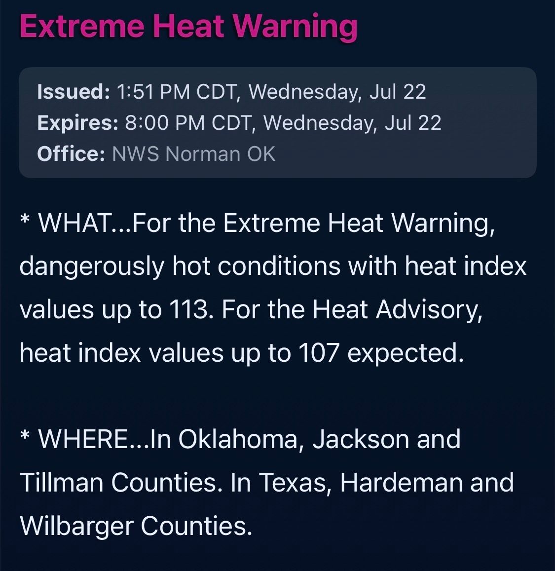 HardemanWx's tweet photo. Extreme Heat Warning until 8pm today, 7-22-26 for Hardeman county. 
Take frequent breaks and drink plenty of fluids. https://t.co/qXtTp7tIeh