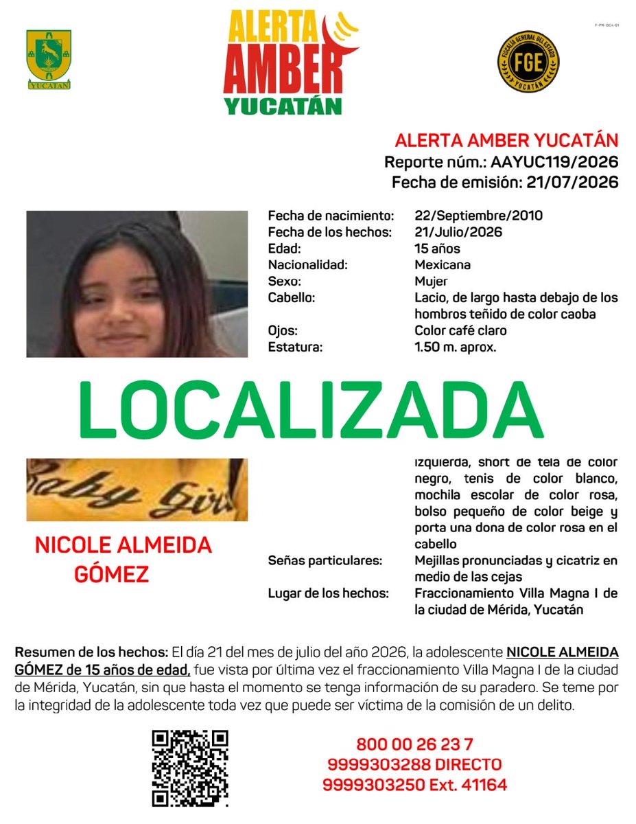 AAMBER_yucatan's tweet photo. #AAYUC Informa de la DESACTIVACIÓN de la ALERTA AMBER de NICOLE ALMEIDA GÓMEZ de 15 años de edad, misma que fue activada el día 21 del mes de julio del año 2026, en el Estado de Yucatán, lo anterior por haber sido LOCALIZADA. @fgeyucatan https://t.co/QAt7LIx6C1