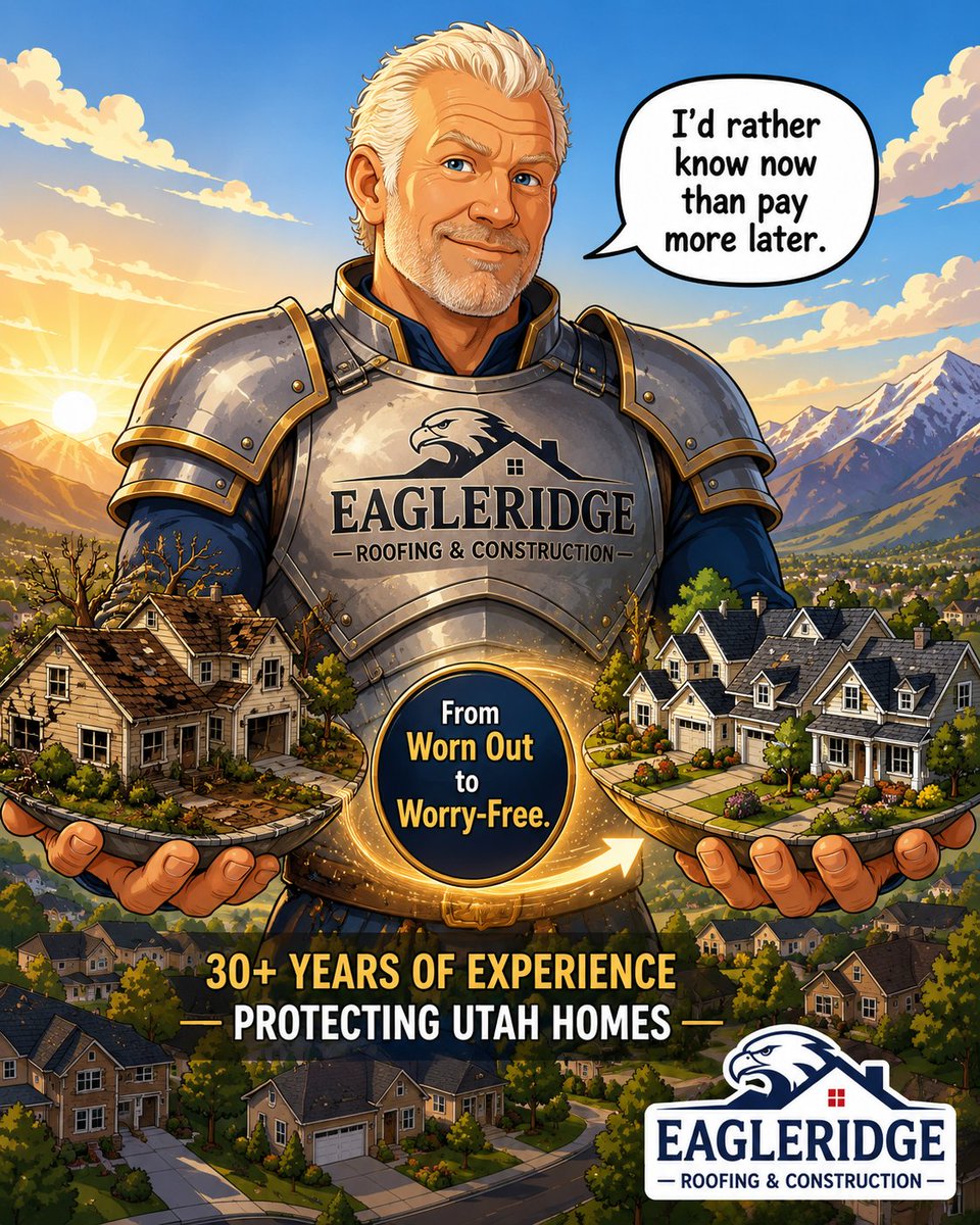 EagleRidgePros's tweet photo. What does 30 years of roofing experience look like?

It means knowing that a missing shingle, clogged gutter, or ceiling stain could be the start of a bigger problem.

Get honest advice and a FREE inspection from EagleRidge Roofing &amp; Construction.

#UtahRoofing #EagleRidgeRoofing https://t.co/jfXqafAwoi