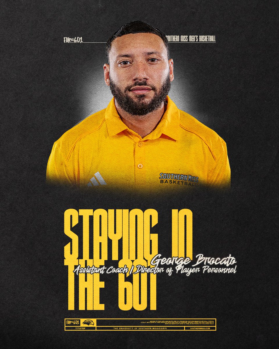 SouthernMissMBB's tweet photo. Elevated 📈🤝

George Brocato and Michael Legre have been moved to full-time roles ahead of the season!

🔗 » https://t.co/jNCOFAzPEt

#TheGoldenStandard | #SMTTT https://t.co/tTMve5BhYu