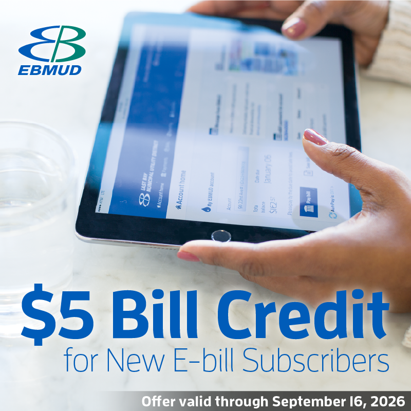 ebmud's tweet photo. Make the switch to eBill and earn a $5 bill credit! Eligible customers who enroll through Sept. 16 qualify for this limited-time offer. Enroll now: https://t.co/13MfDUtBXY https://t.co/SMVqNYm58K