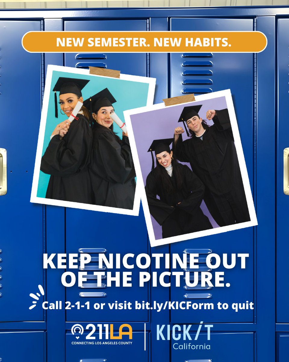 211LACounty's tweet photo. With the new semester just around the corner, @kickitca is your FREE support program for quitting nicotine. 🚭

Call 2-1-1 and ask about Kick It California, or visit https://t.co/4AvechTE2C to receive free, science-based support and one-to-one coaching before the new semester. https://t.co/dqkdsFlize