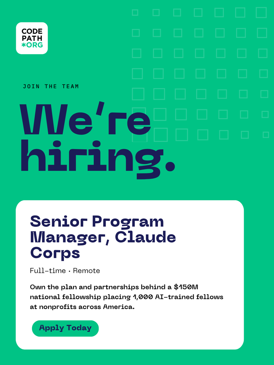 codepath's tweet photo. CodePath and Anthropic launched Claude Corps last month, a year-long, fully-paid fellowship placing early career AI talent at nonprofits nationwide, and now we're looking for a Program Manager to lead it.

You'll own the program plan, manage partner relationships, and be the operational backbone of the program. 

Apply: https://t.co/Ipjn553ELm