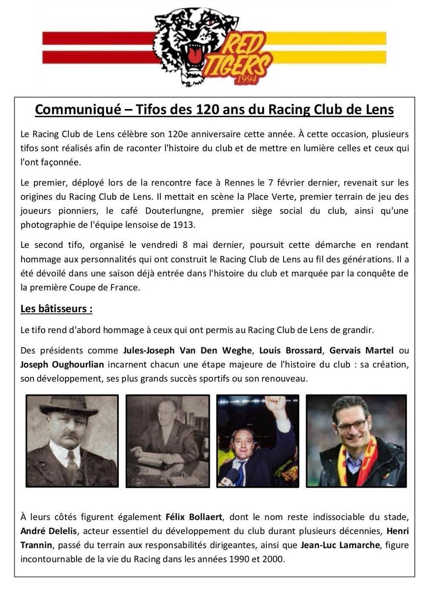 RedTigersLens's tweet photo. 3 mois après un premier tifo relatif aux 120 ans du club, nous proposions un second hommage dans le cadre de cet anniversaire. 
Retour en images sur ces personnes emblématiques du club #rclens https://t.co/jluzX1FSHf