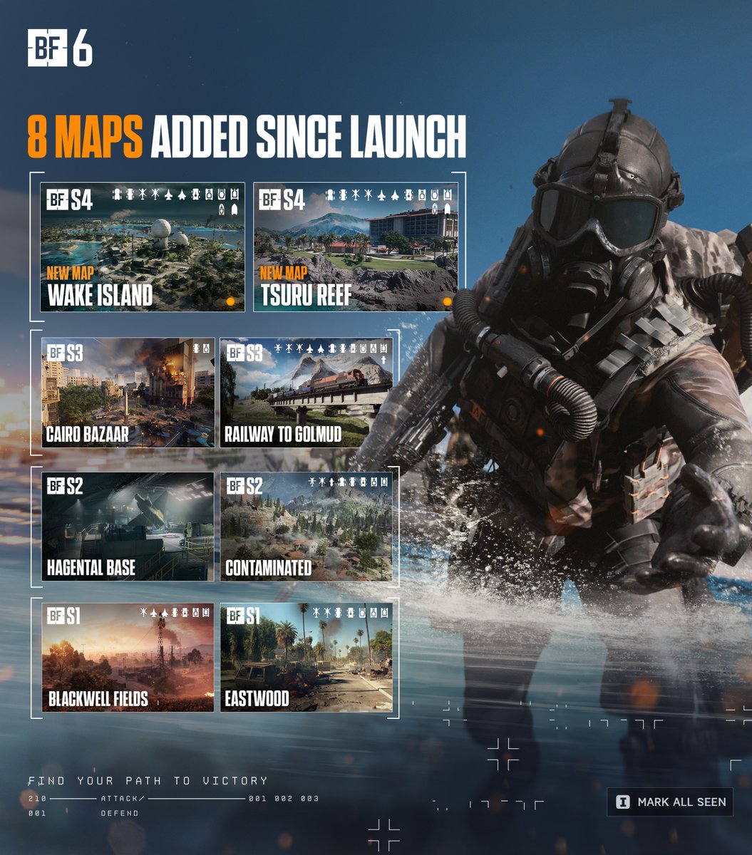 Battlefield's tweet photo. 8 new maps since launch. Now 17 battlefields... and counting. 

Which #Battlefield6 map brings out your best? ⤵️

🌾 Blackwell Fields
🌲 Eastwood
☣️ Contaminated
🪖 Hagental Base
🚂 Railway to Golmud
🕌 Cairo Bazaar
🌴 Tsuru Reef
🏝️ Wake Island https://t.co/Jd2sWSuBUN