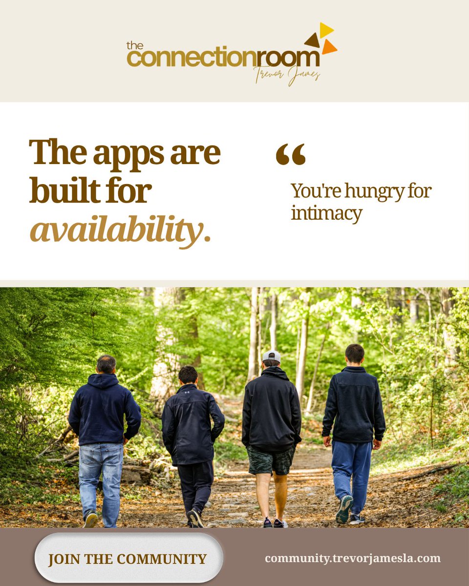 TrevorJamesLA's tweet photo. The apps are built for availability. You're hungry for intimacy. Those are different appetites.
Join the community → link in bio
https://t.co/2SOq2Kp9p5
#TheConnectionRoom #NotTherapyNotGrindr #QueerConnection #TrevorJamesLA https://t.co/gAeMWN2QD9
