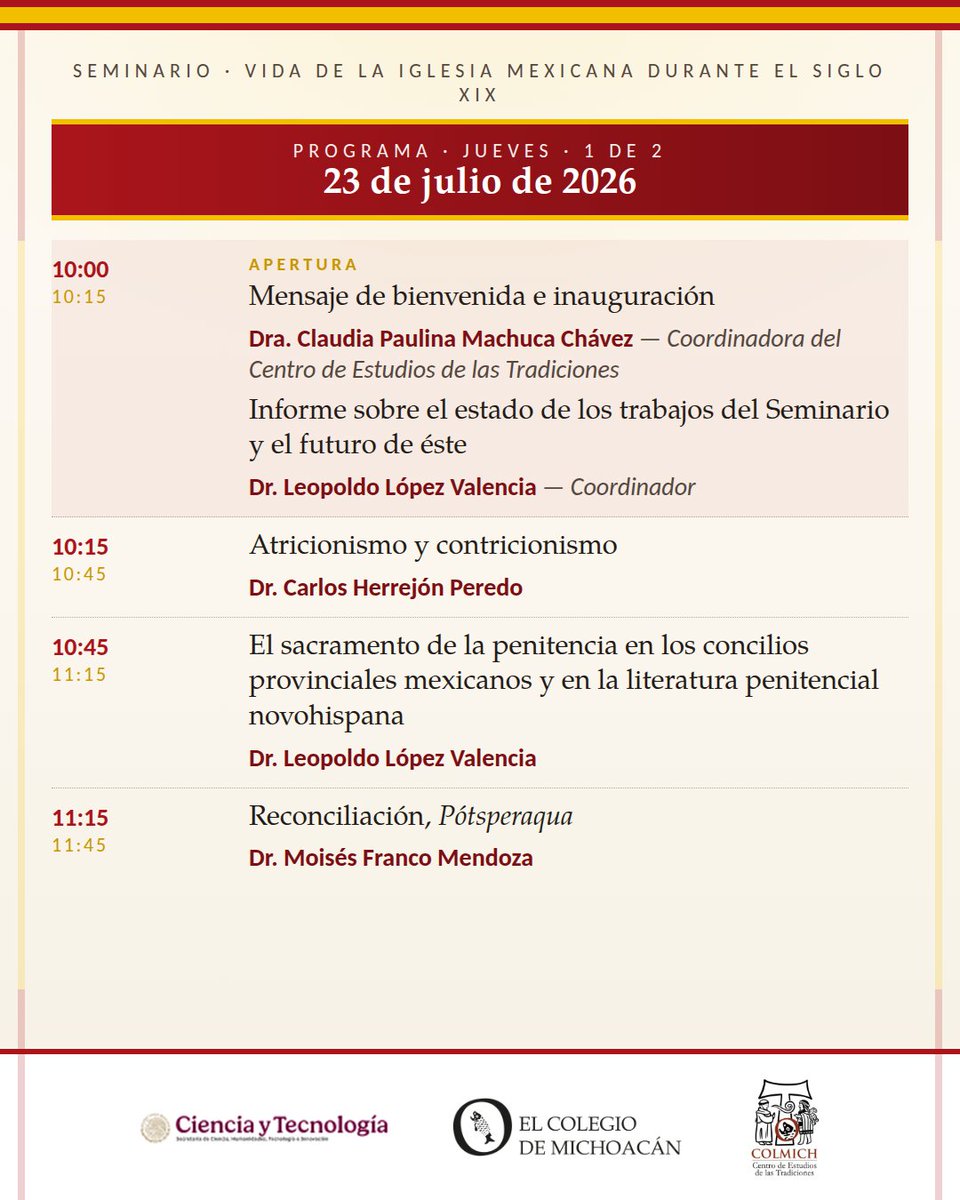 el_colmich's tweet photo. 🐟 #AgendaColmich | Seminario
⛪ Vida de la Iglesia mexicana durante el siglo XIX. Tradiciones sobre la reconciliación sacramental.
👉 Salón Heriberto Moreno | 23 y 24 julio 2026
📲 Descarga el programa
EVENTO HÍBRIDO
#Colmich
#CETColmich #Zamora #Michoacán https://t.co/20yFCl0zyq