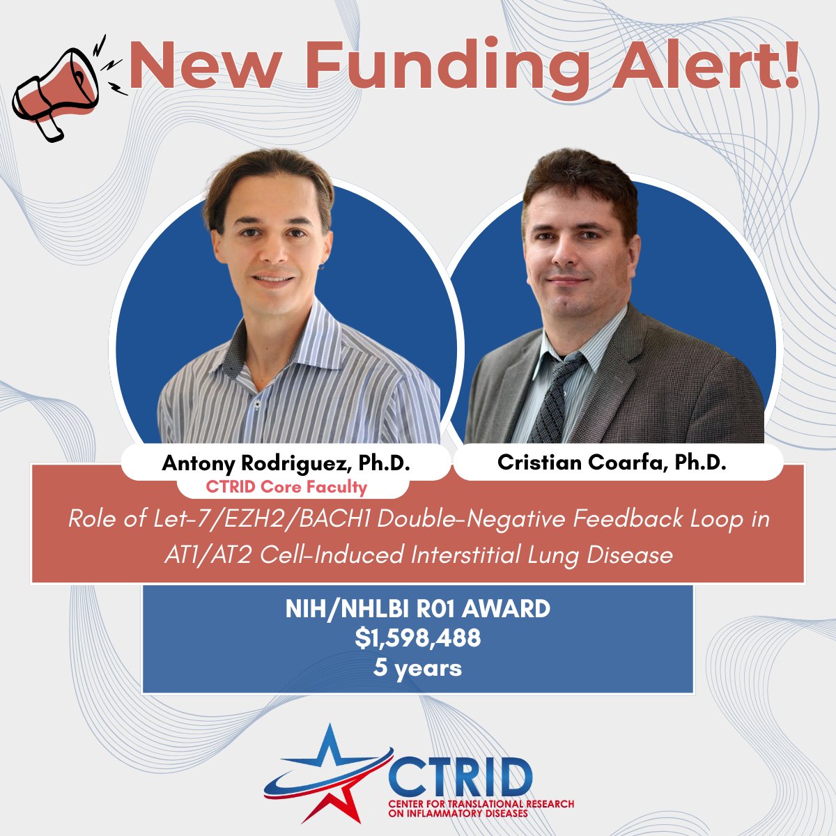 BCM_CTRID's tweet photo. Congratulations to Dr. Antony Rodriguez, #CTRIDfaculty, and to Dr. Cristian Coarfa on receiving an @NIH NHLBI R01 award!
Their research will investigate why the lung's regenerative capacity fails after injury and how disruption of this process contributes to #PulmonaryFibrosis. https://t.co/aCUXTCiNcM