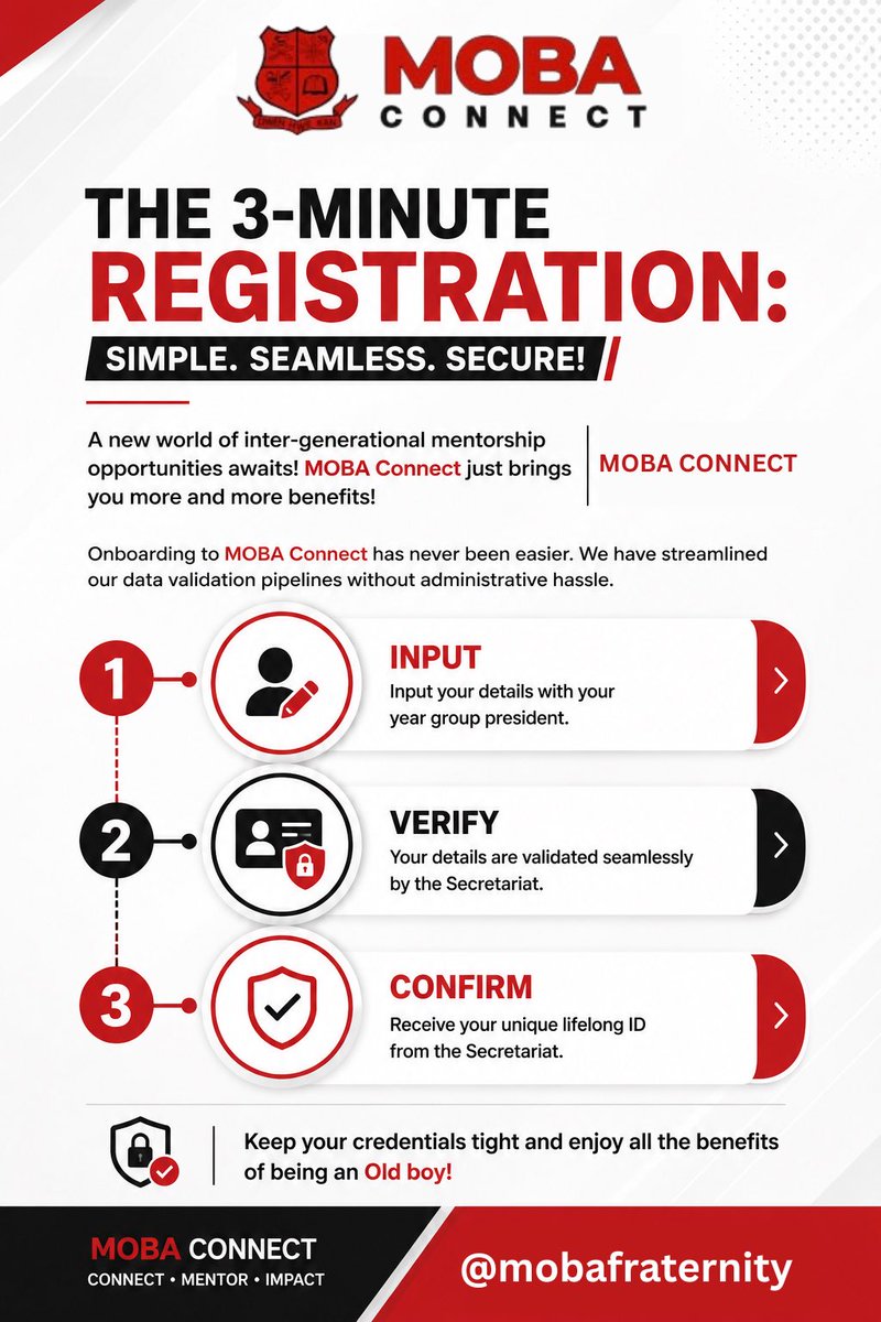 mobafraternity's tweet photo. 3 STEPS. 3 MINUTES. LIFELONG CONNECTION. 🔴🖤

MOBA Connect is LIVE!
Get verified in under 3 minutes:
1️⃣ Confirm details with your Year Group President
2️⃣ Verify via Secretariat
3️⃣ Receive your MOBA ID

Stay plugged into the brotherhood. Message your President today. https://t.co/vLo9UmgMnw