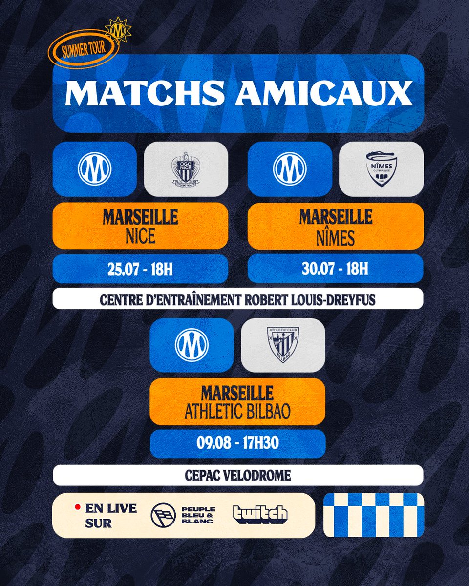 OM_Officiel's tweet photo. Le programme des 3️⃣ prochains 𝗺𝗮𝘁𝗰𝗵𝘀 𝗱𝗲 𝗽𝗿𝗲́𝗽𝗮𝗿𝗮𝘁𝗶𝗼𝗻 pour nos Olympiens 🗓️👀
 
🖥️ Tous les matchs du 𝗦𝘂𝗺𝗺𝗲𝗿 𝗧𝗼𝘂𝗿 en live sur Twitch pour les subs et sur https://t.co/sghmfbpkXO pour les Membres Peuple Bleu&Blanc Essential, Gold et Platinum : https://t.co/Pf6cSt2f4U